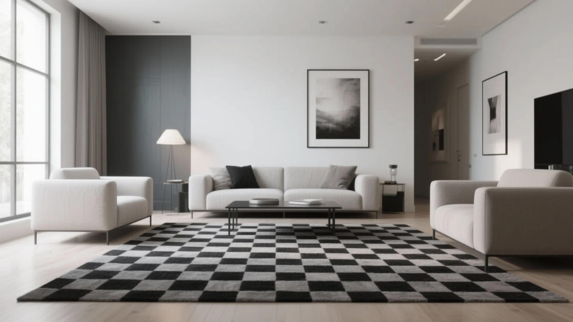 3. Use patterned grey-and-black motifs to anchor minimalist furniture