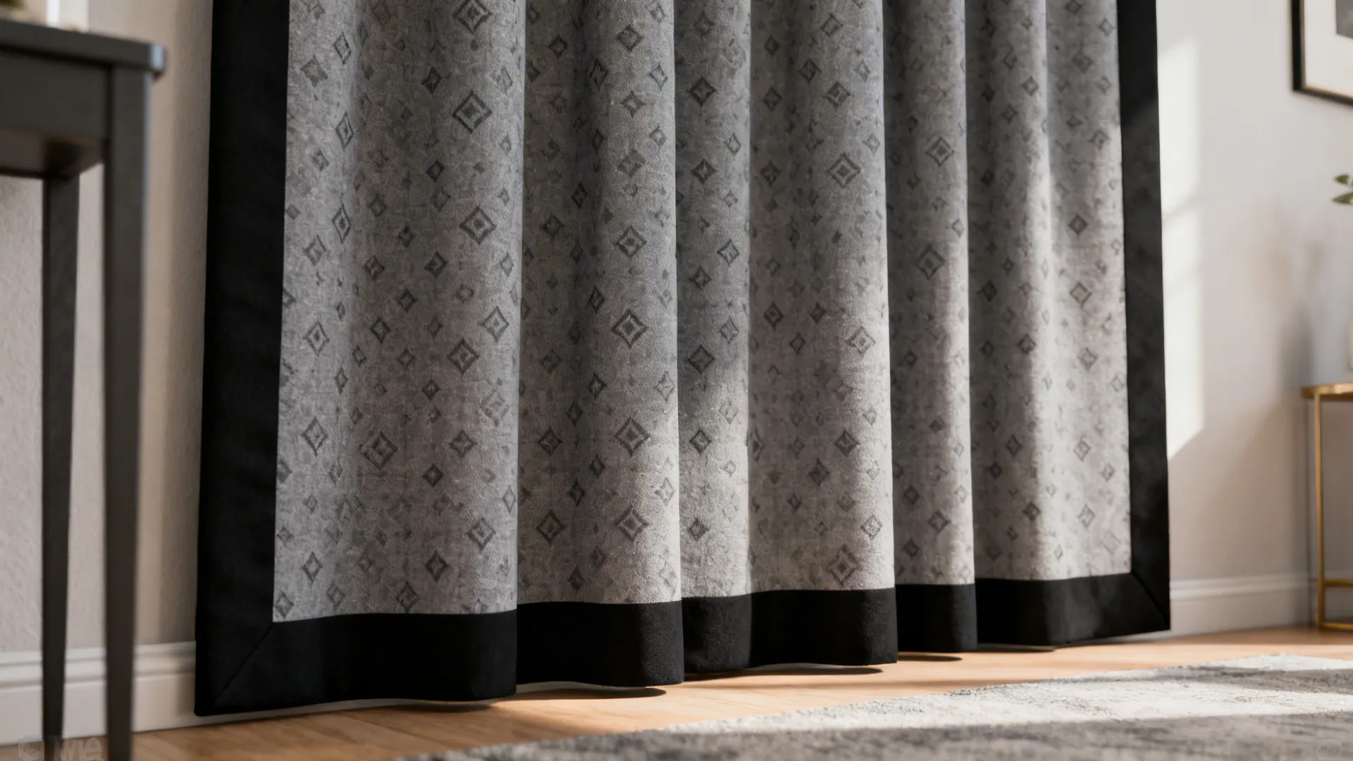 Grey tone-on-tone patterned curtain with solid black borders for clean finishing