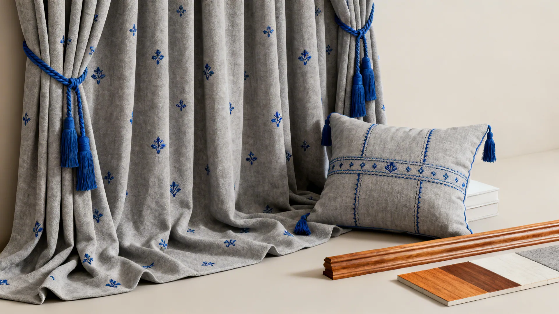 Flatlay of muted grey fabric with blue embroidered accents plus coordinating tieback and pillow sample.