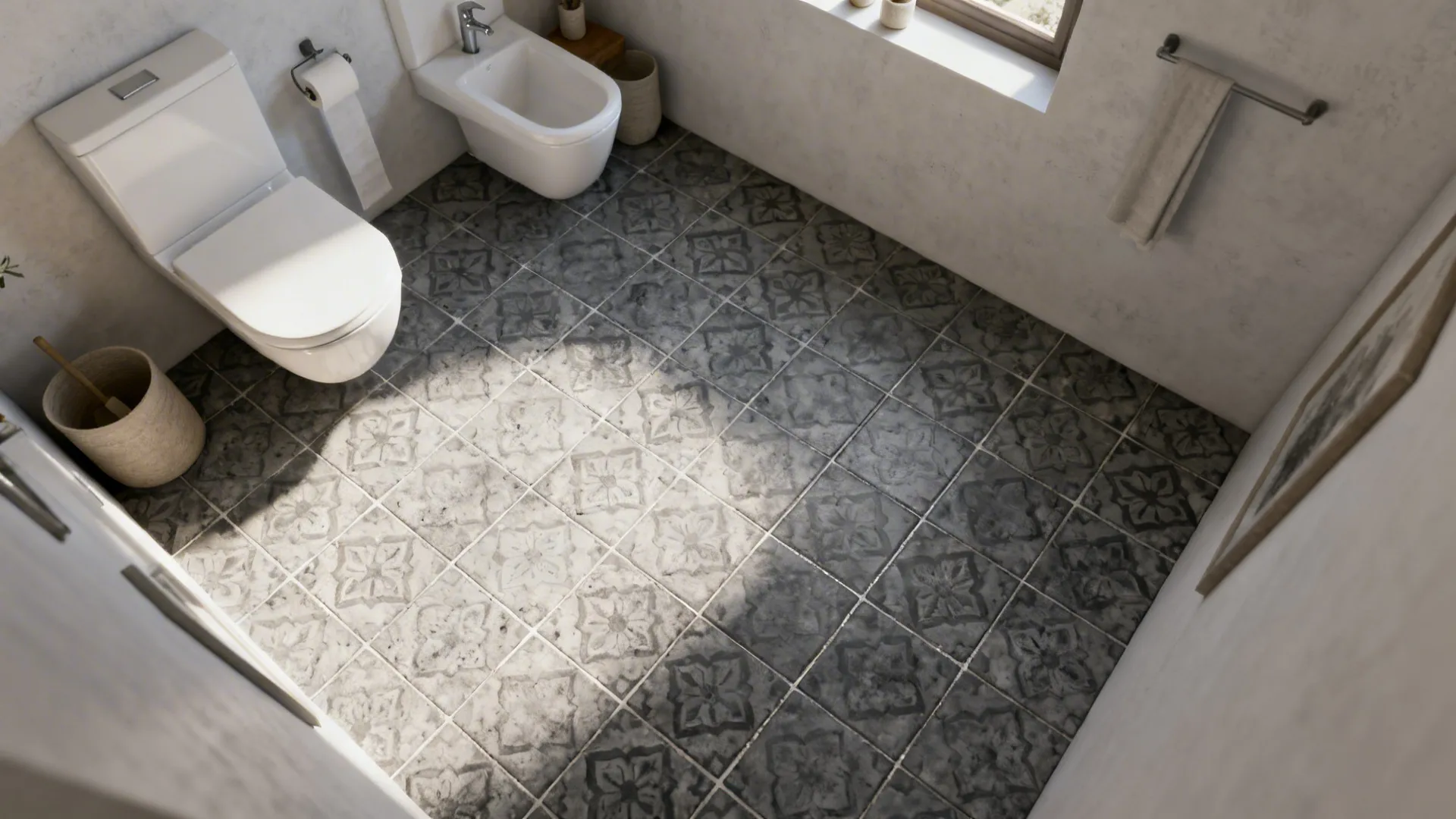 5. Grey Patterned Floor with White Minimal Fixtures