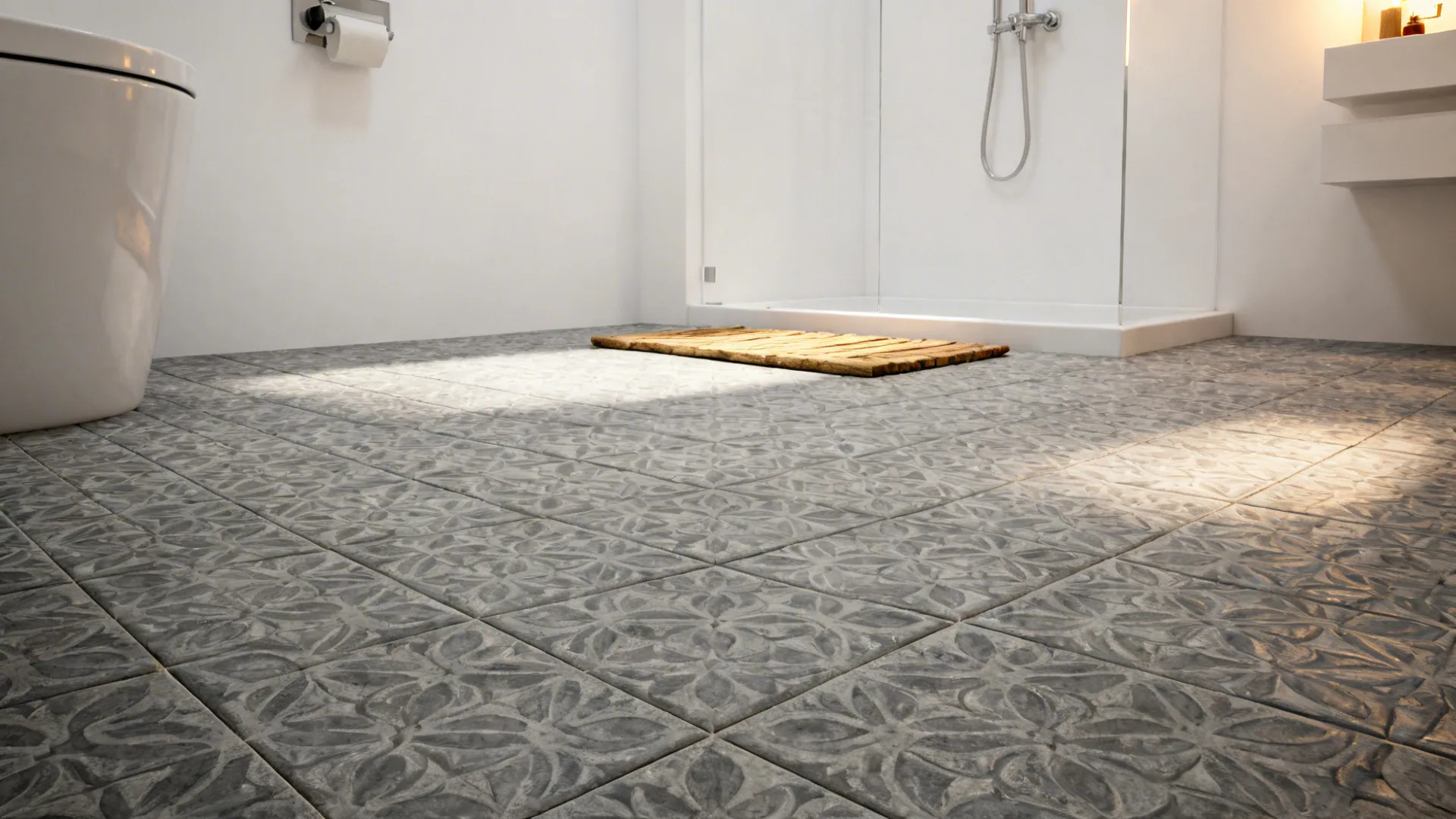 Patterned mid-grey encaustic-look floor tiles in a white bathroom with minimal walls.