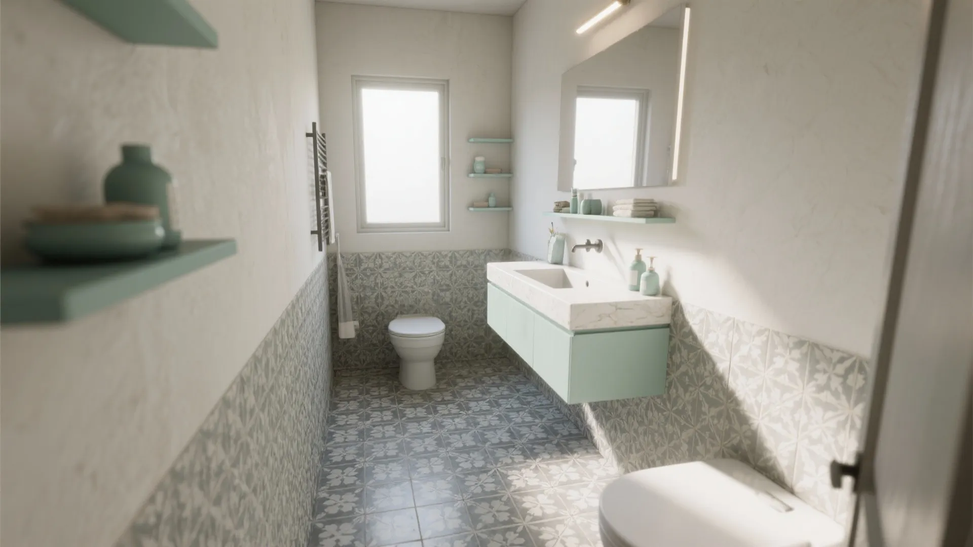 4. Patterned Grey Floor + Mint Accents