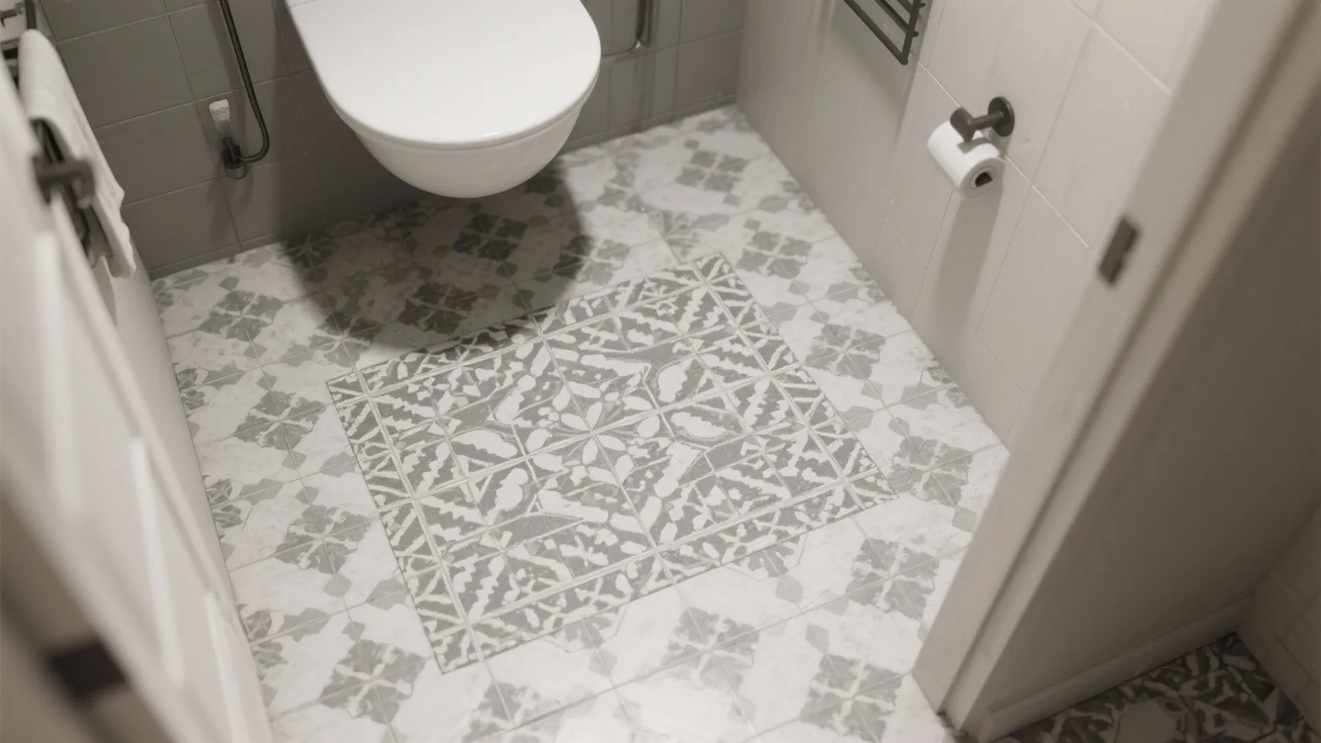 4. Patterned grey encaustic or porcelain tiles as a focal point
