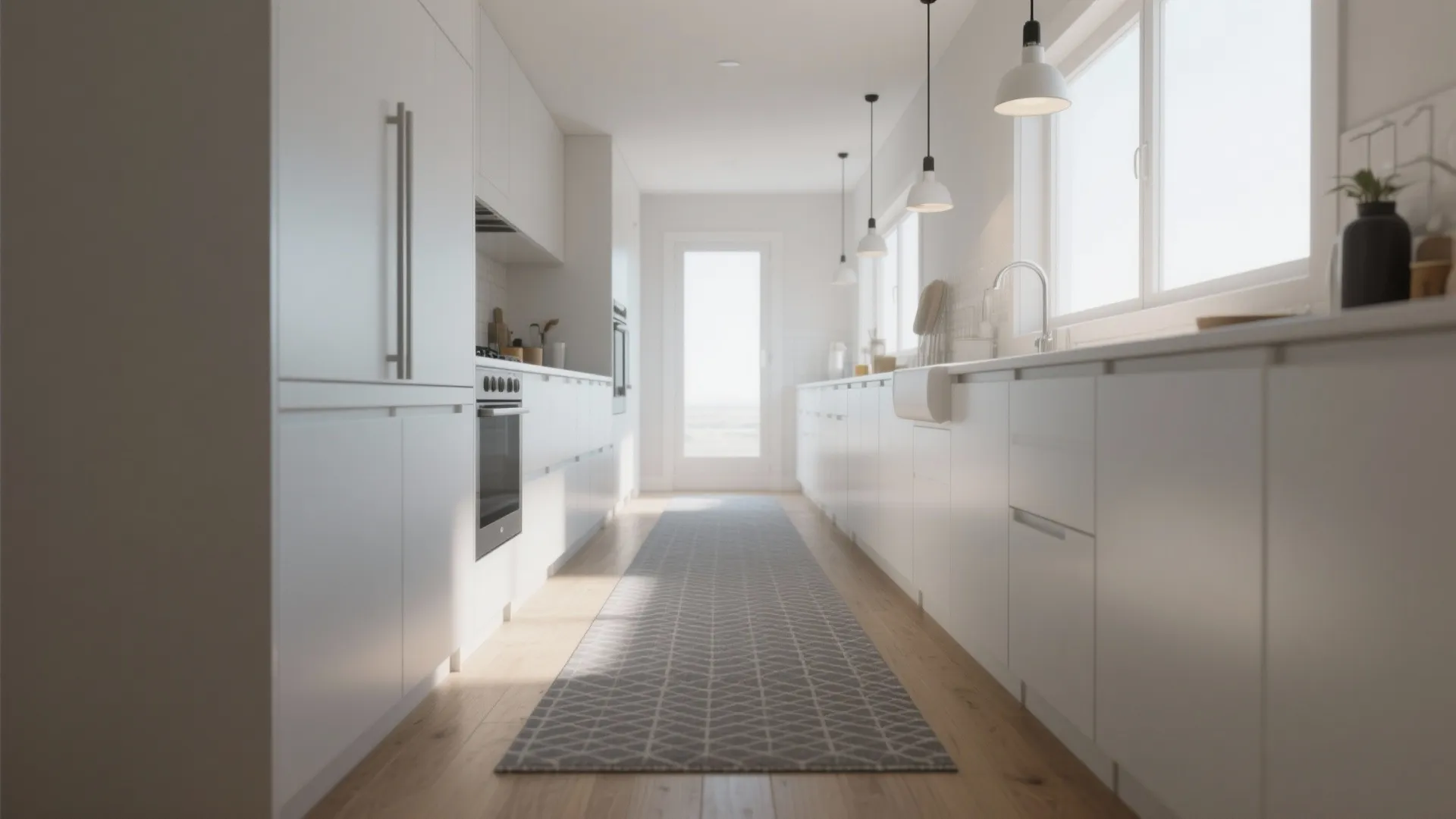 2. Patterned grey runner to elongate narrow kitchens