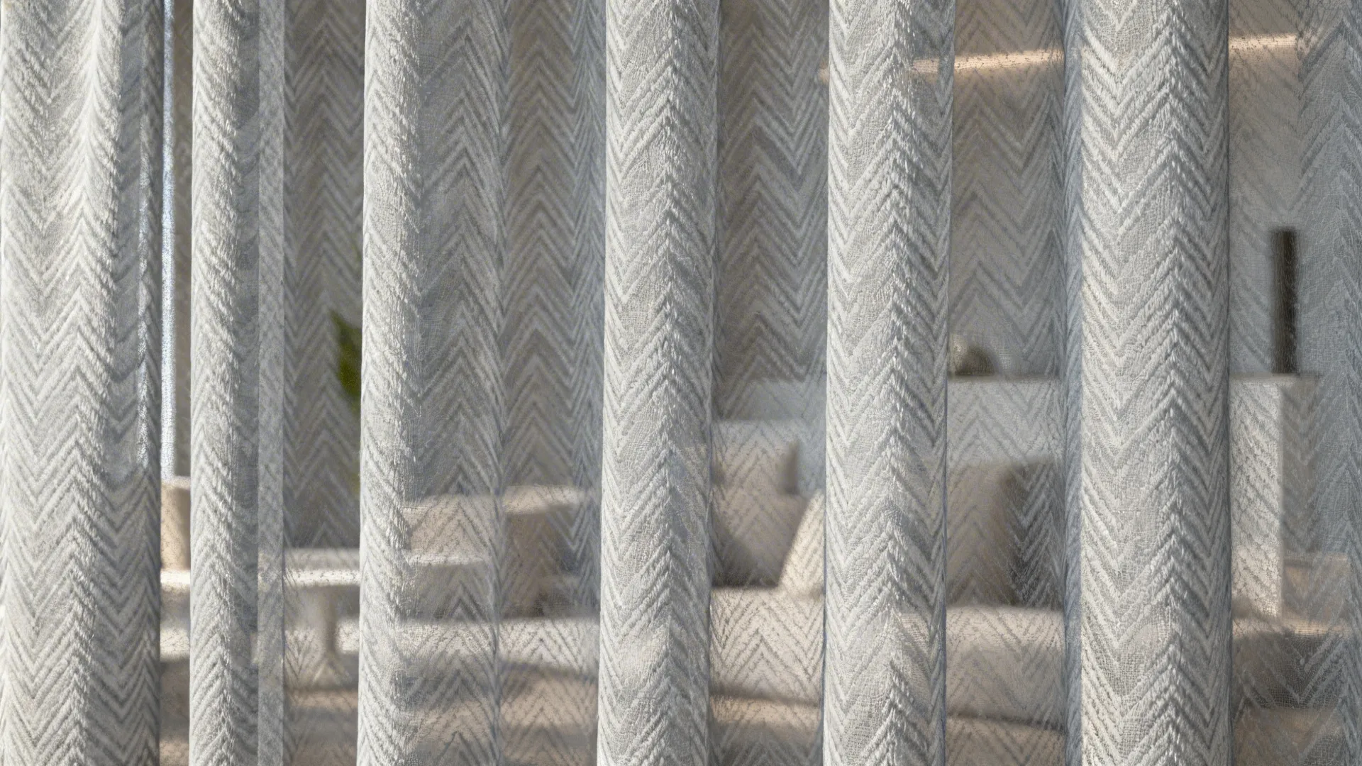 Subtle chevron patterned light grey sheer curtain softly backlit