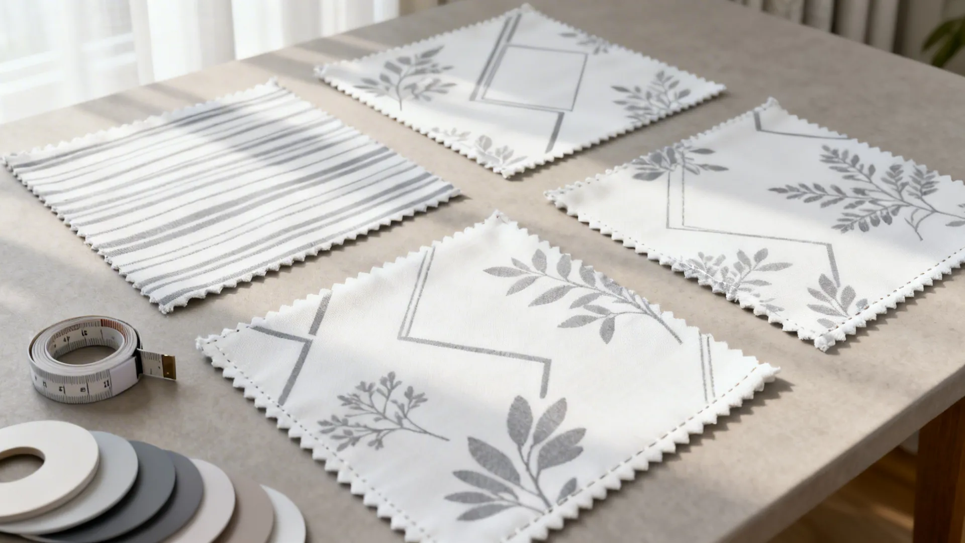 Flatlay of white curtain fabric swatches with subtle grey patterns and measuring tools.