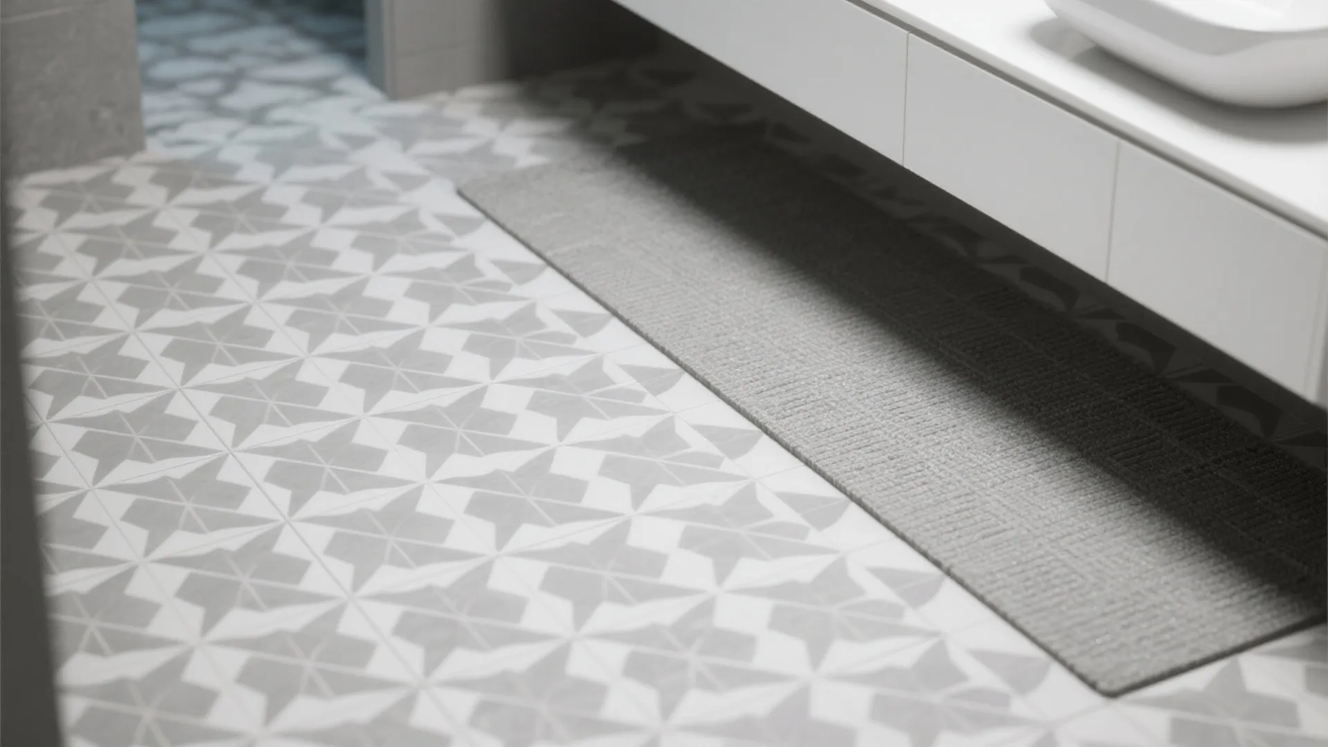 4. Patterned Grey Tiles with Simple White Vanity