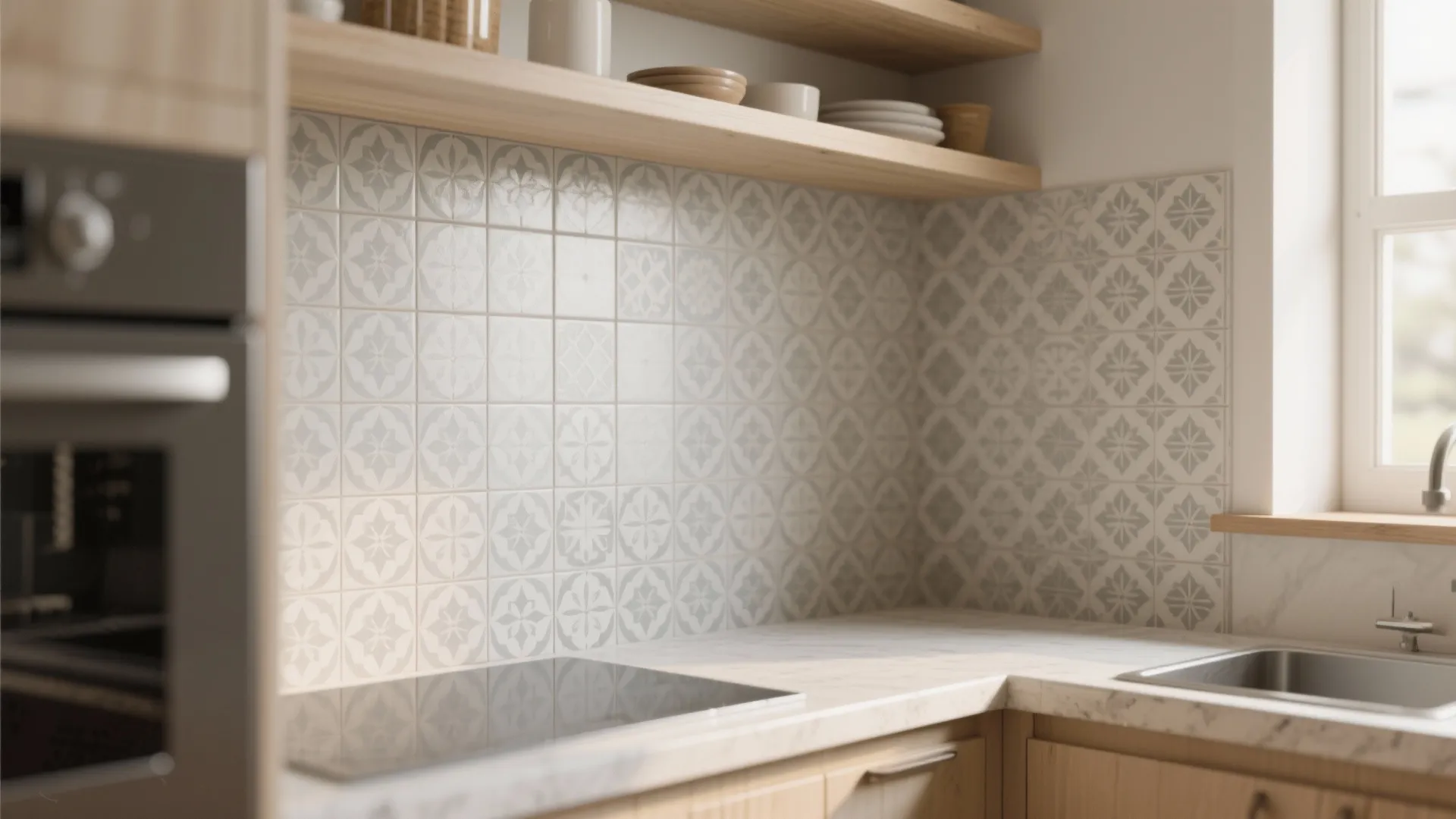 Patterned light grey tiles on a small kitchen backsplash with subtle motifs and neutral counters.