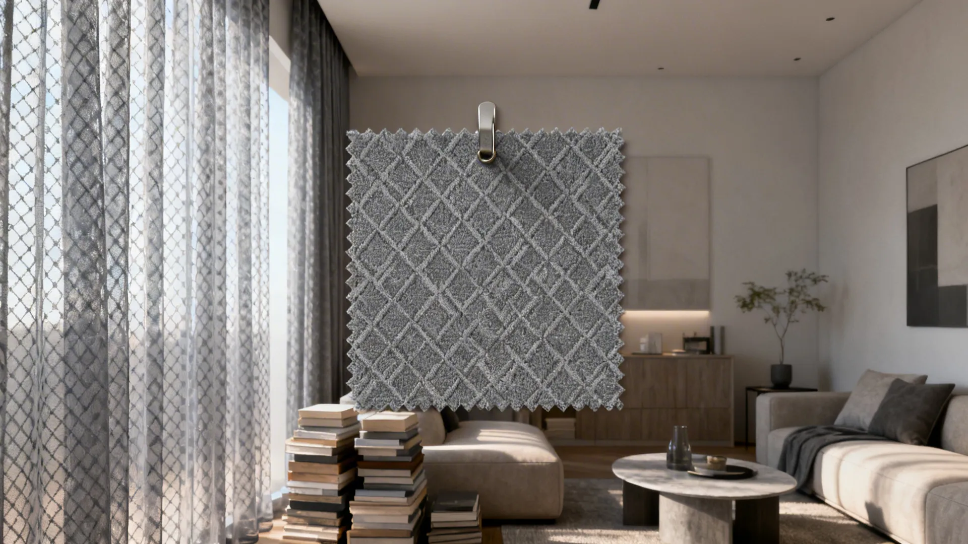 Compact living room with patterned grey voile curtains adding texture without darkening.