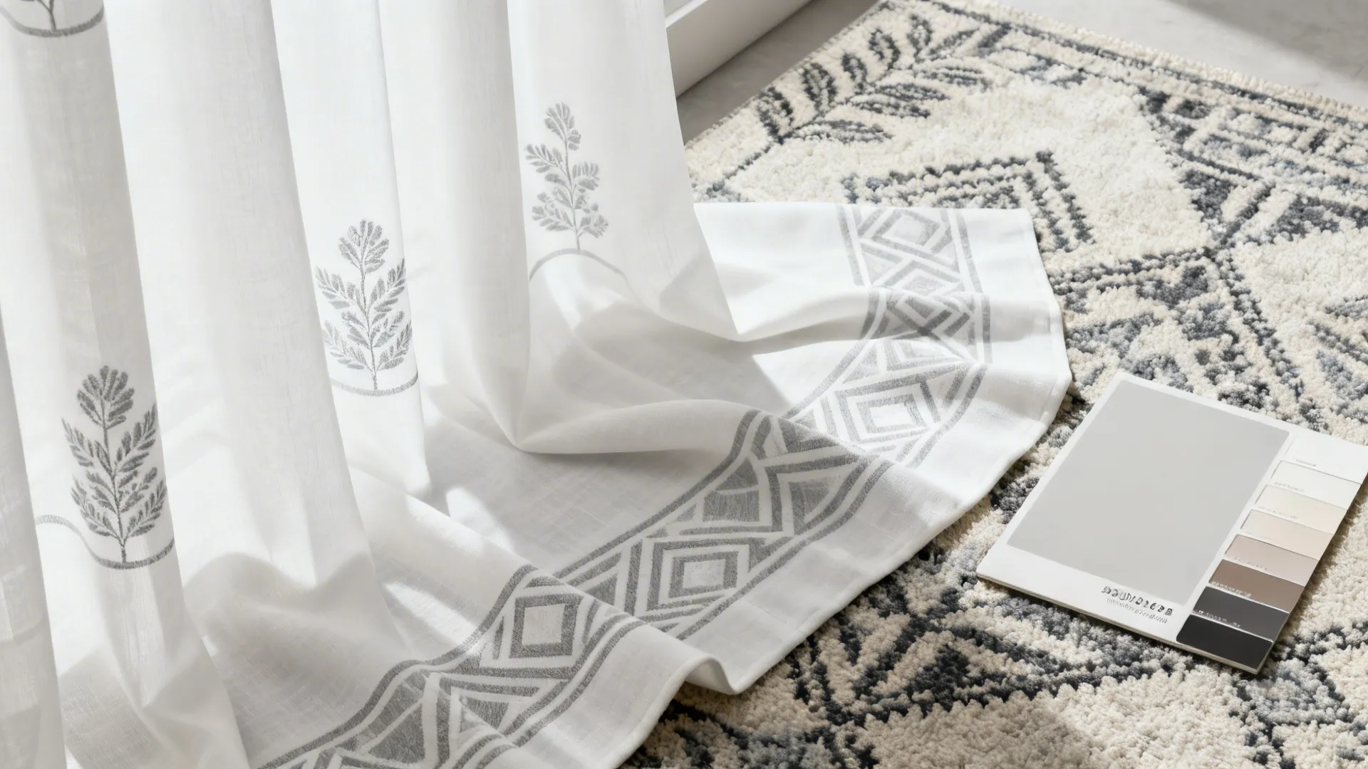 White curtains with grey leaf patterns and geometric border on a patterned rug with color card
