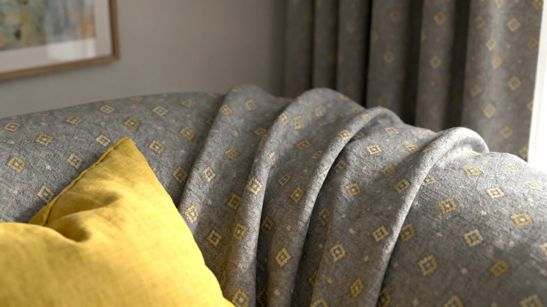 Patterned grey curtain fabric with small yellow accents and coordinated cushion in the background.