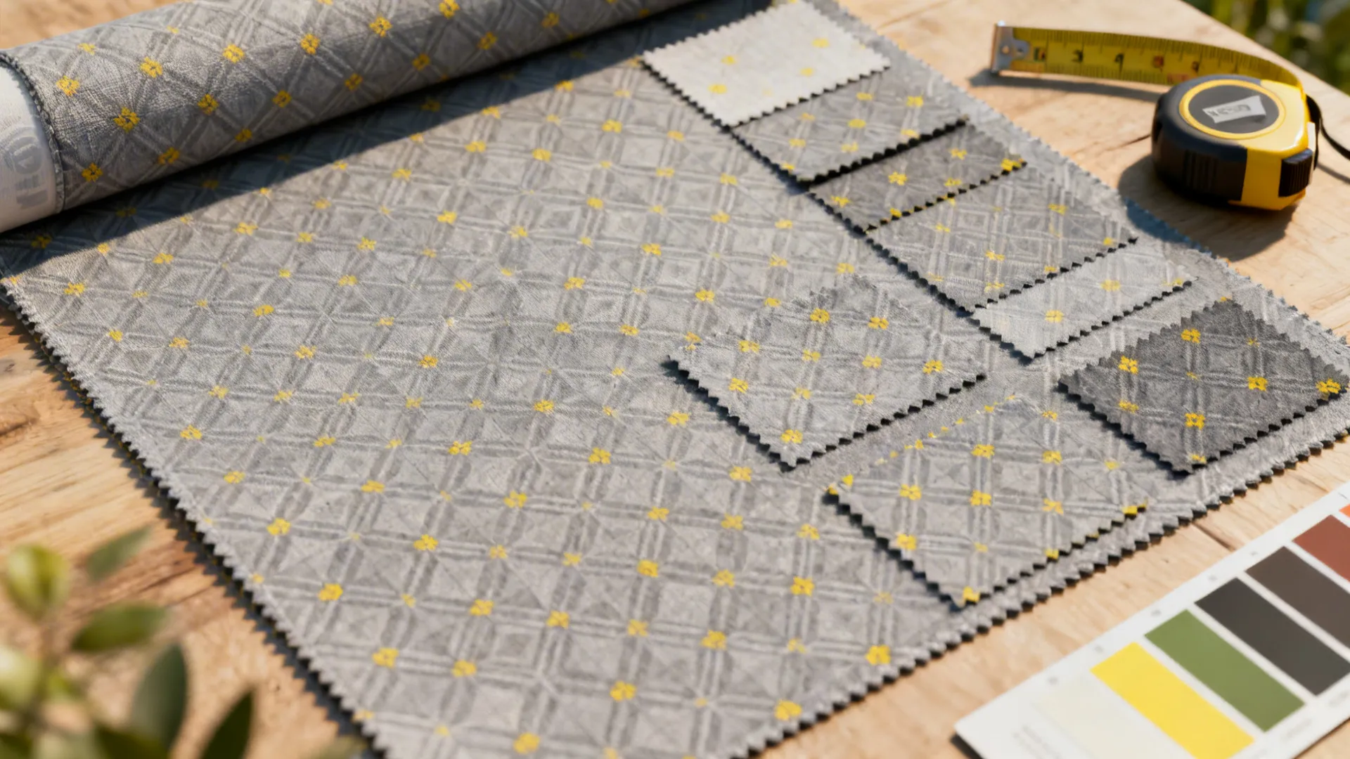 Grey fabric with yellow flower patterns and small swatches placed on a wooden work table