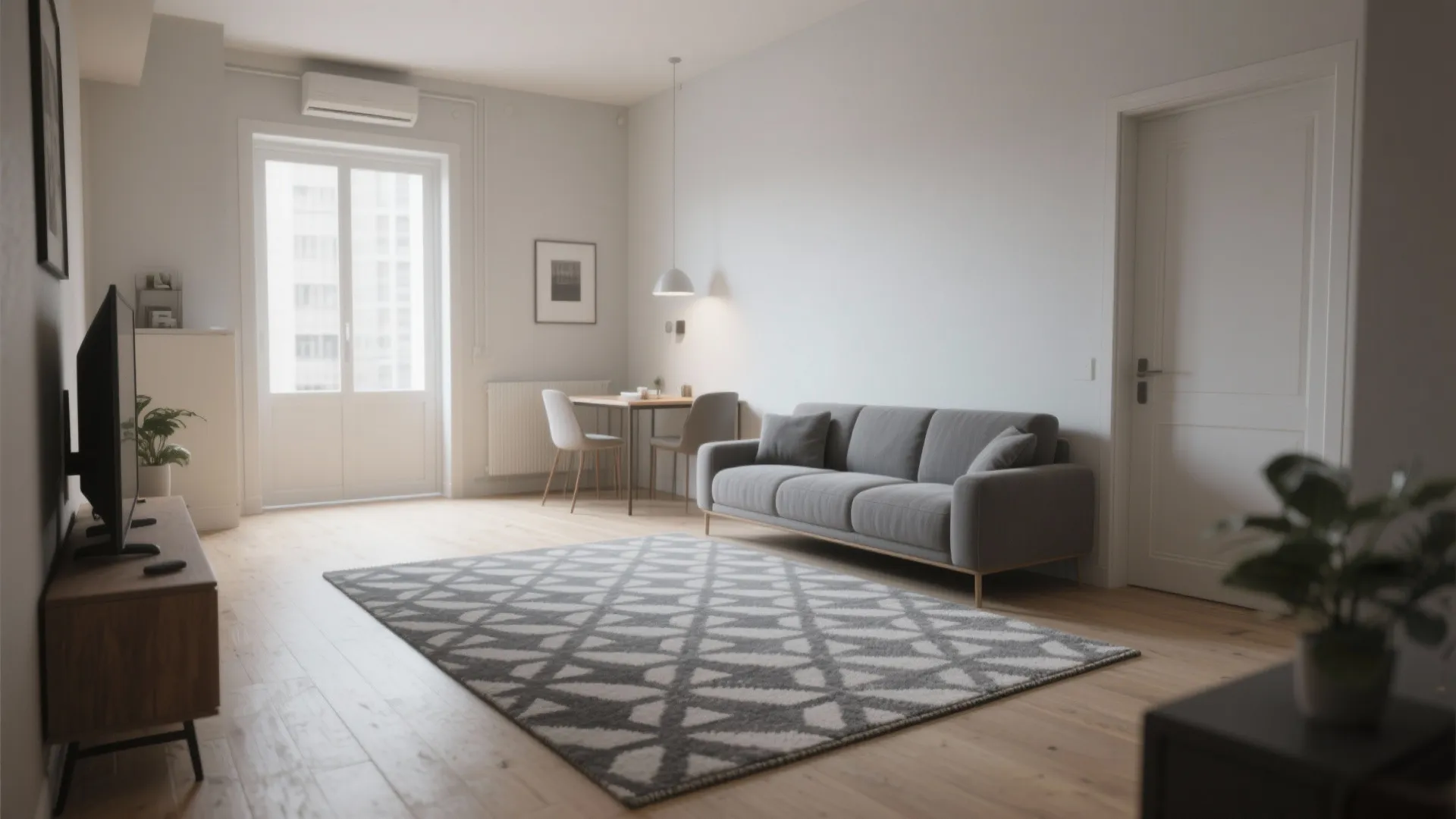 Studio apartment showing a patterned grey rug delineating seating from a dining nook