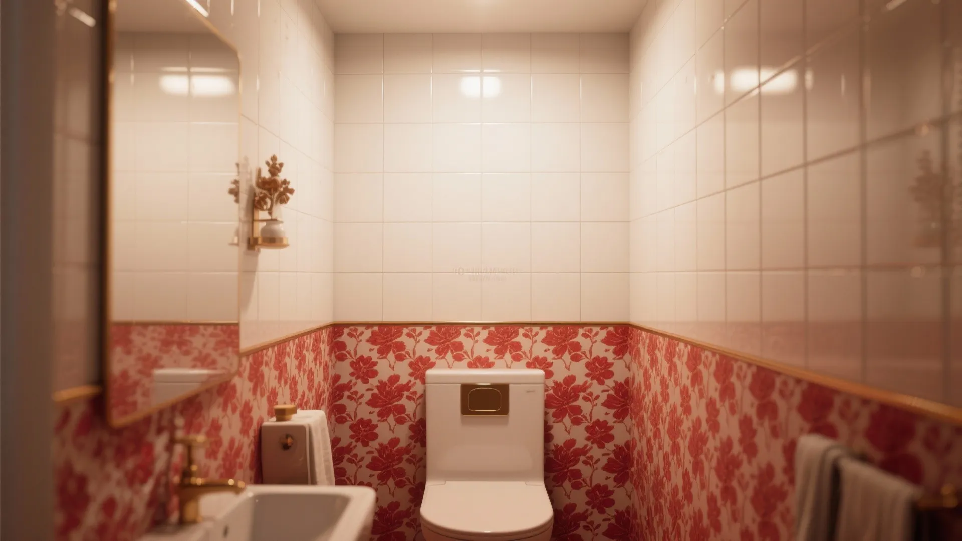 Small bathroom featuring white square wall tiles and red floral pattern wallpaper on the lower half