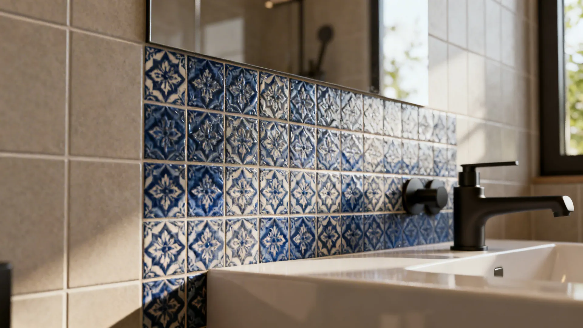Patterned tile half wall used as a visual focal point in a modern walk-in shower.