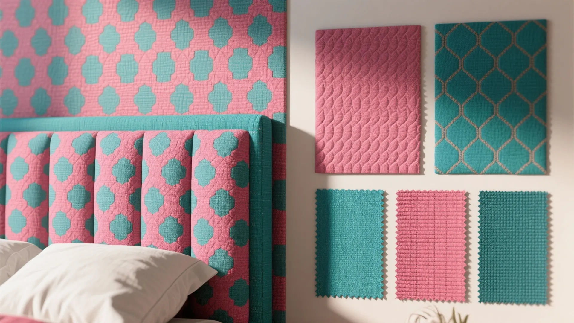 Pink and blue patterned bed headboard with matching fabric material samples displayed on a wall