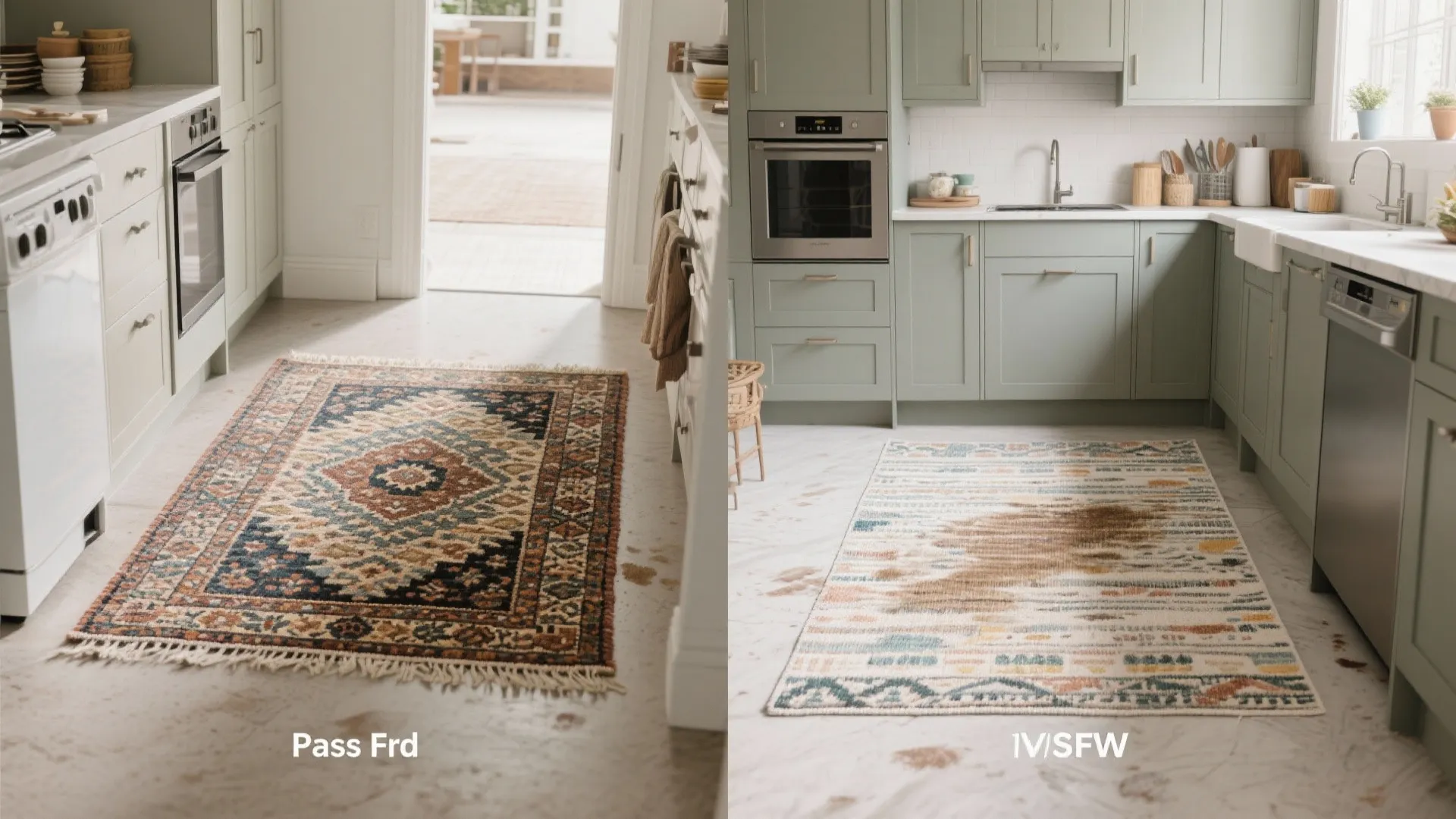 Side by side comparison of two different patterned rugs in a kitchen with green cabinets