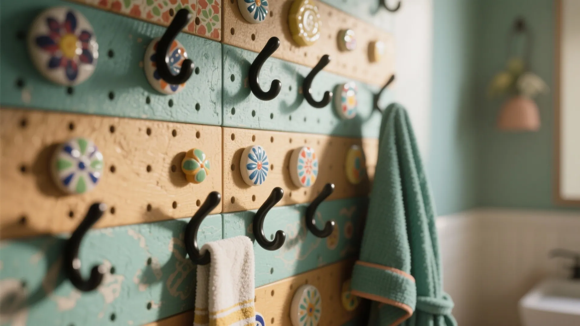 4. Patterned hooks and staggered pegs — playful and cheap