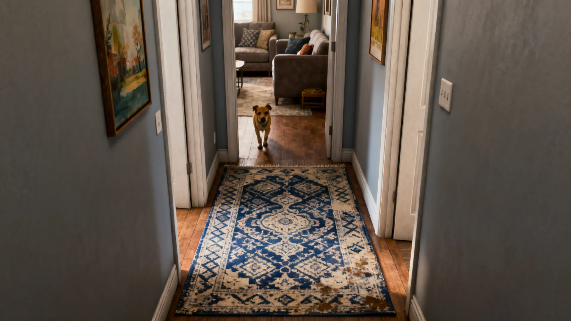 Blue and white pattern rug in a hallway leading to a living room with dog