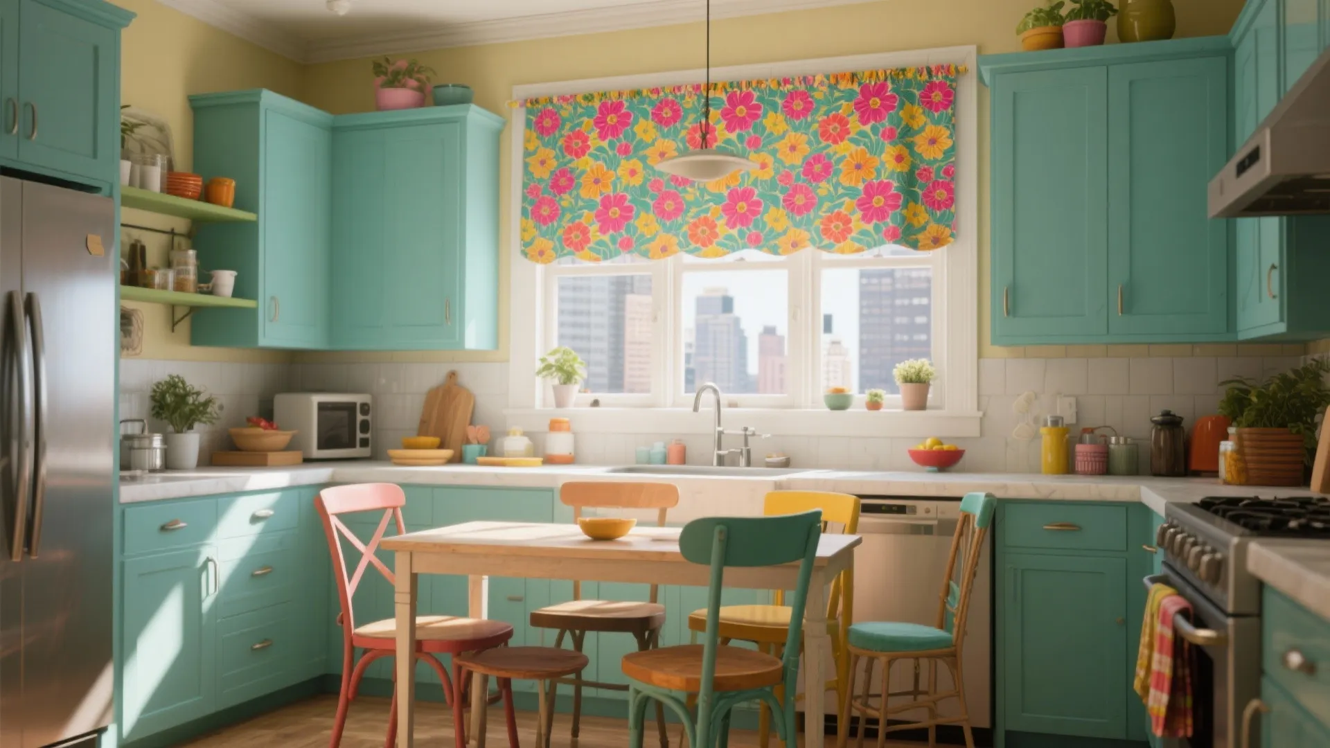 Bright kitchen with blue cabinets colorful floral curtain yellow chairs and a small dining table