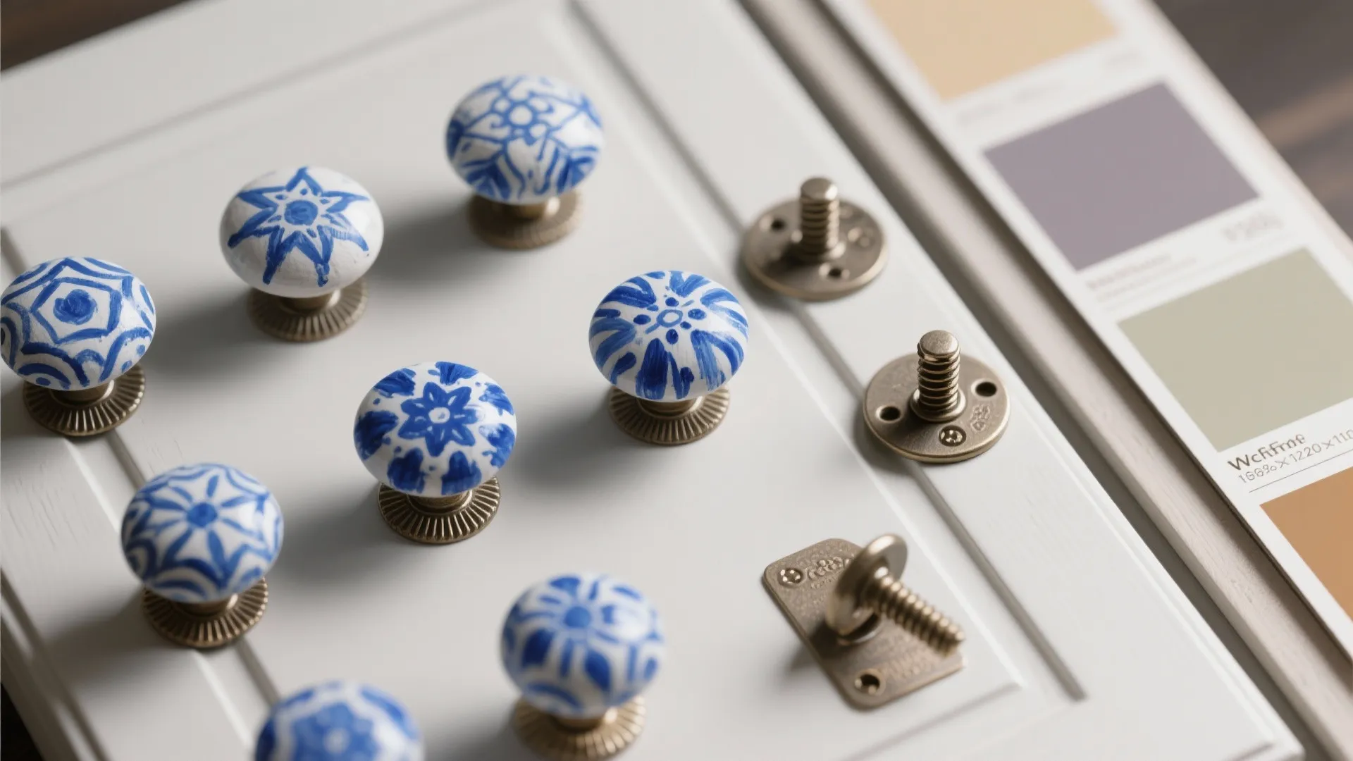 Blue and white ceramic cabinet knobs arranged on white door panel near colorful paint swatches