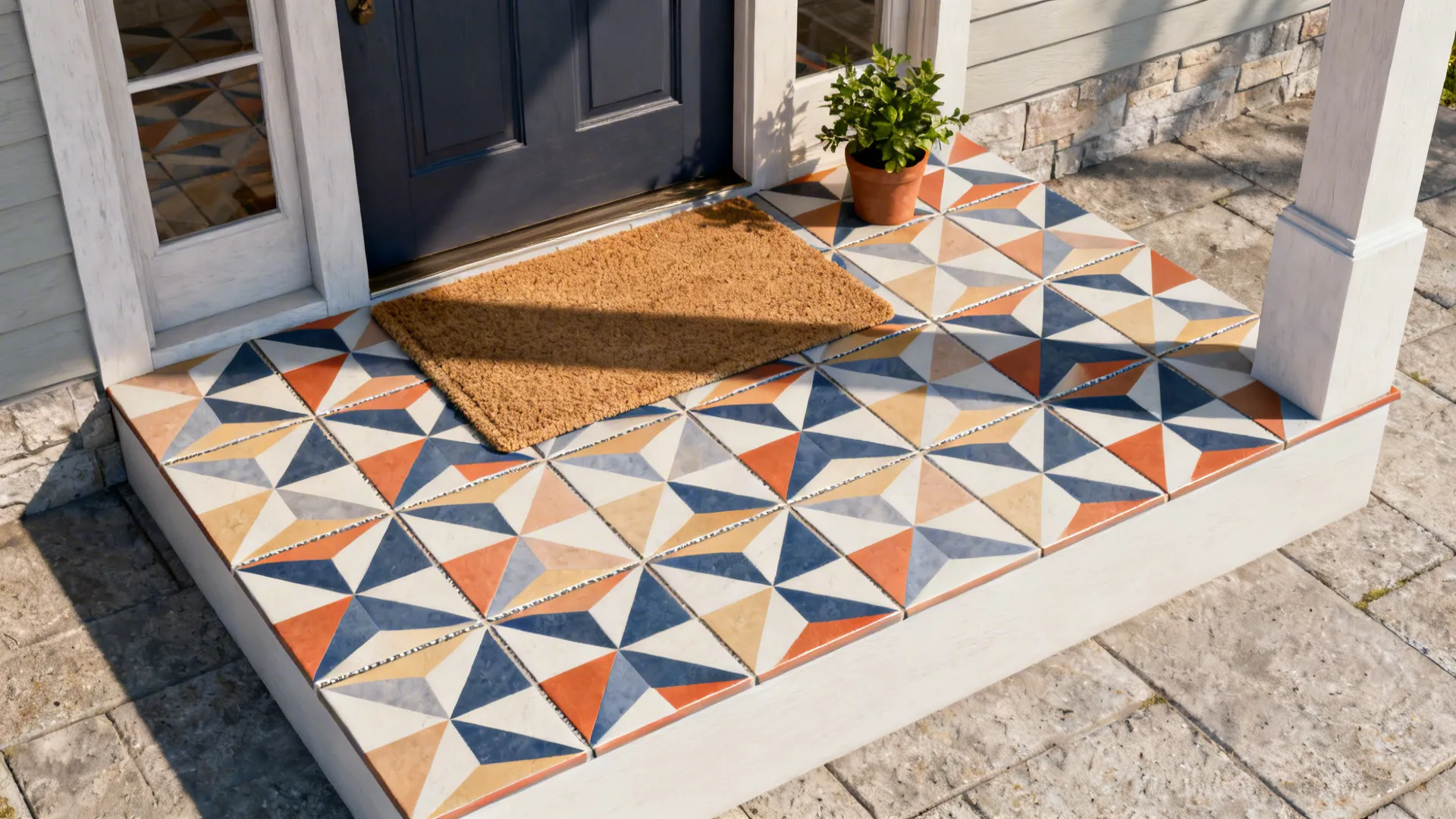 Top-down view of a mini landing with bold geometric patterned outdoor tile and a small plant.
