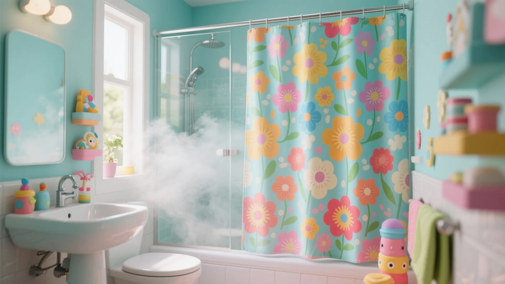 Colorful kids bathroom with blue walls flower pattern curtain white sink and various bright plastic toys