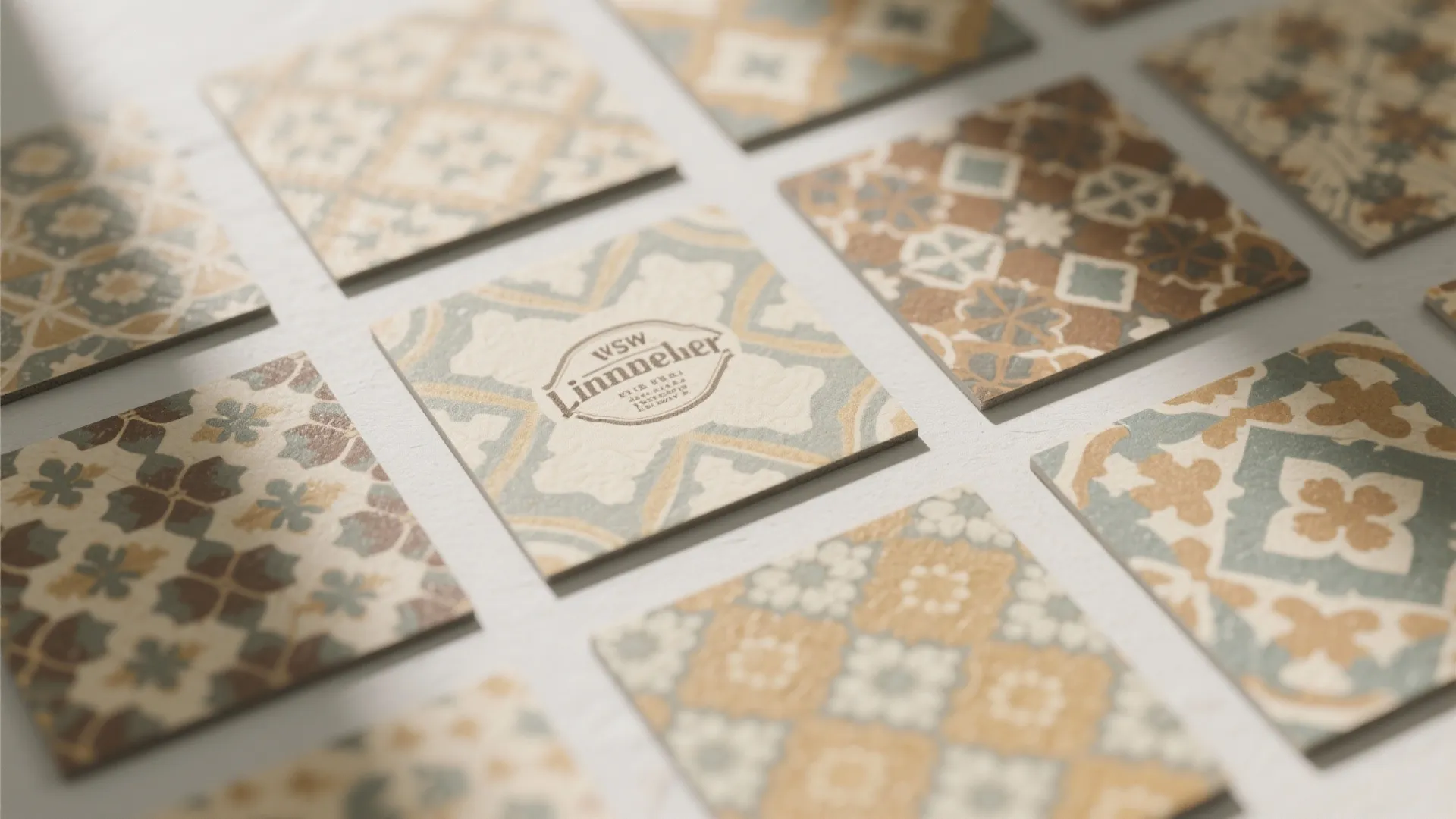 A collection of patterned floor tile samples with various geometric designs in warm earthy colors
