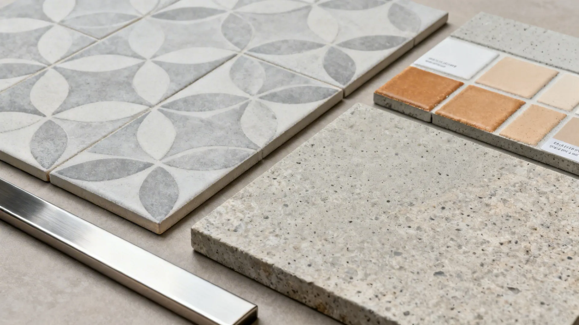 Flat lay of patterned porcelain and cement tiles with grout, trim, and countertop samples.