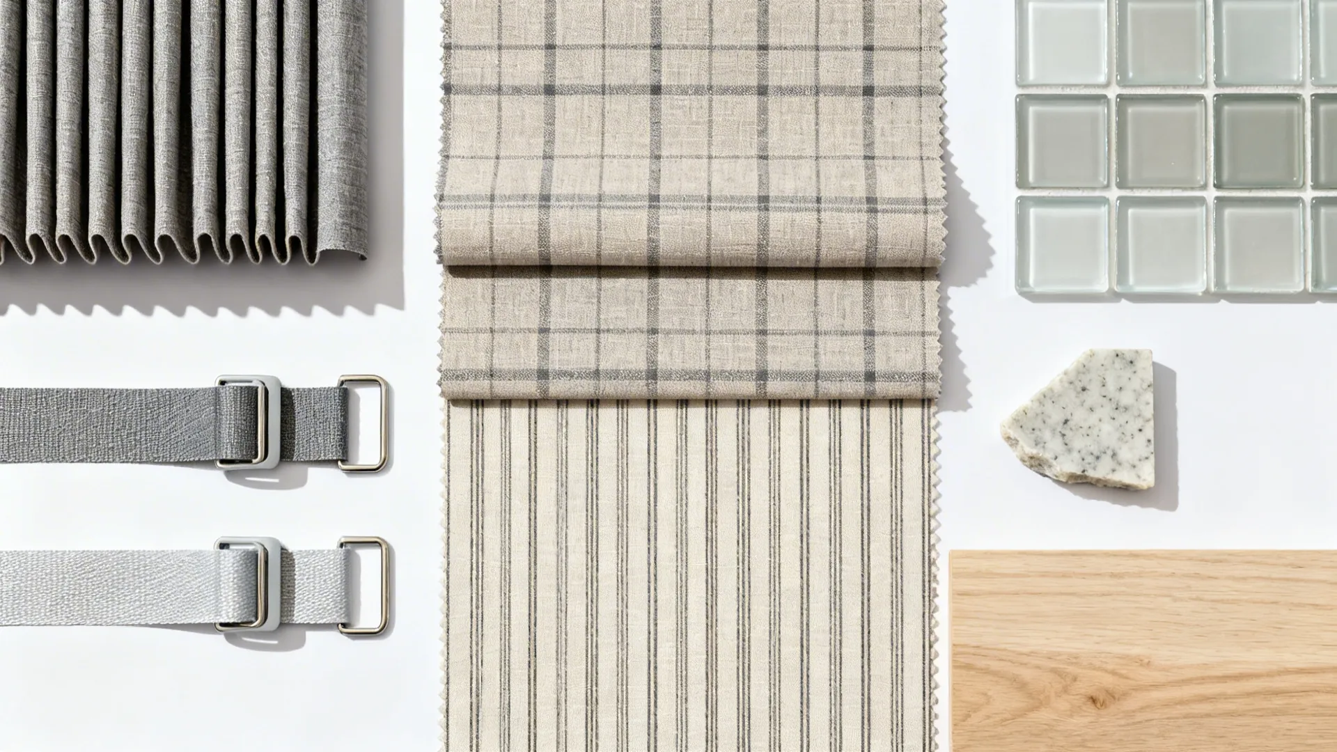 Flat lay of performance fabric swatches, ripplefold tape, glass tile, quartz, and oak samples.
