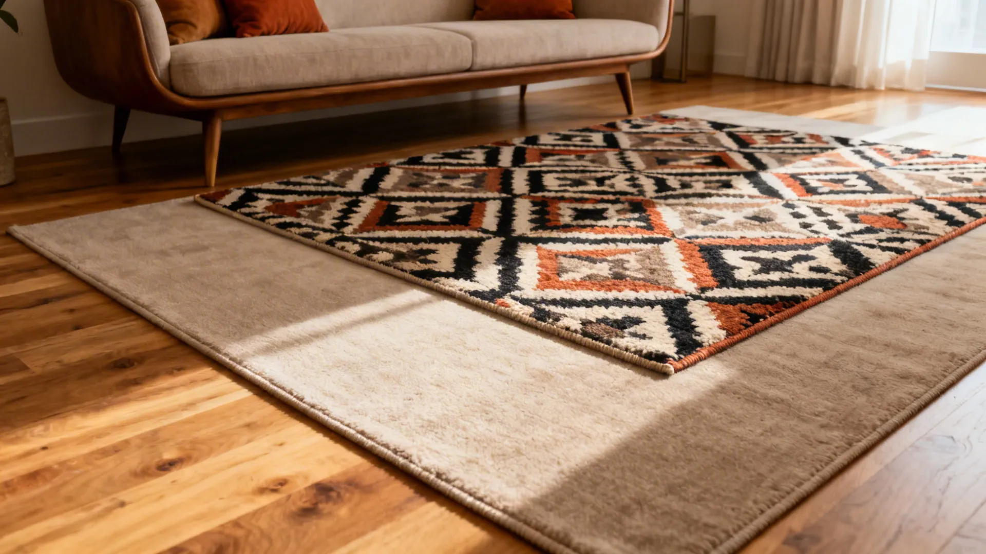 Layered rug design featuring a patterned colorful rug on top of a large beige rug