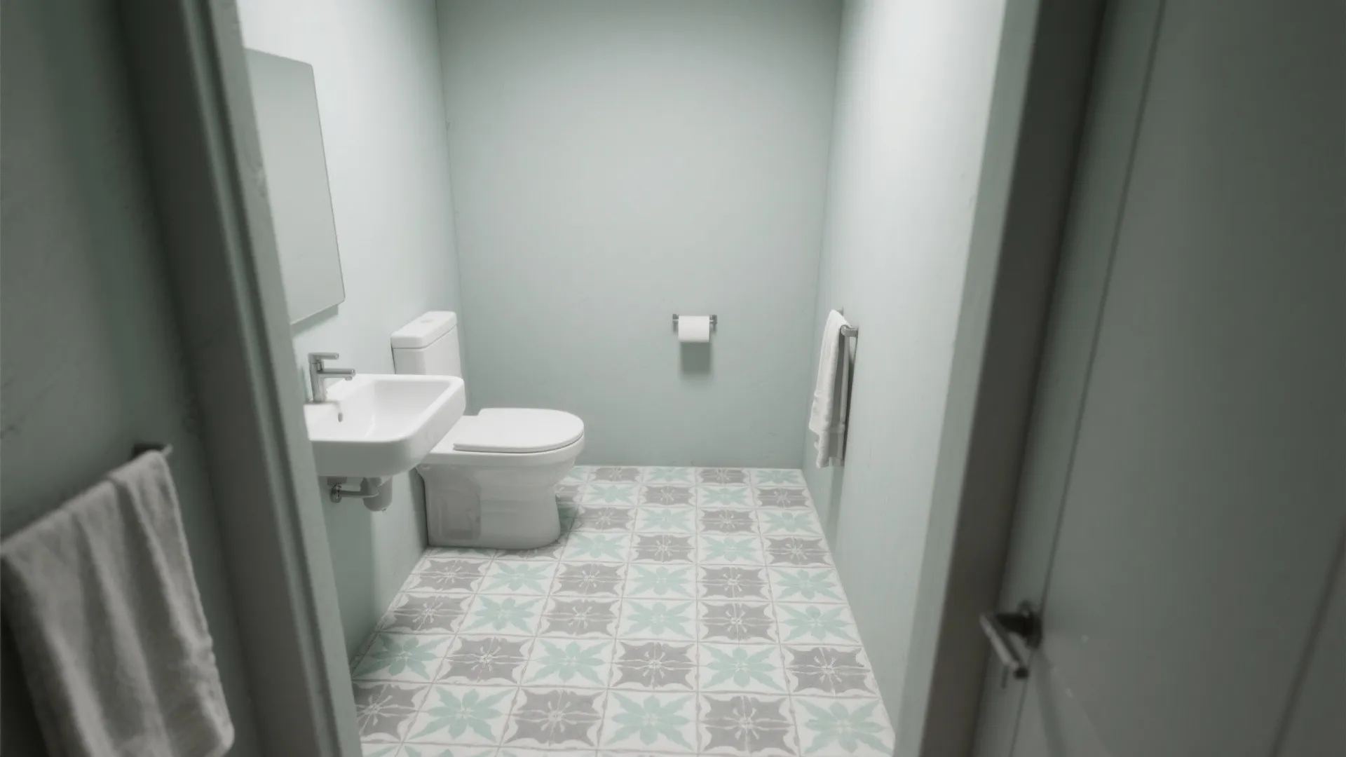 3) Patterned Mint & Gray Floor with Neutral Walls