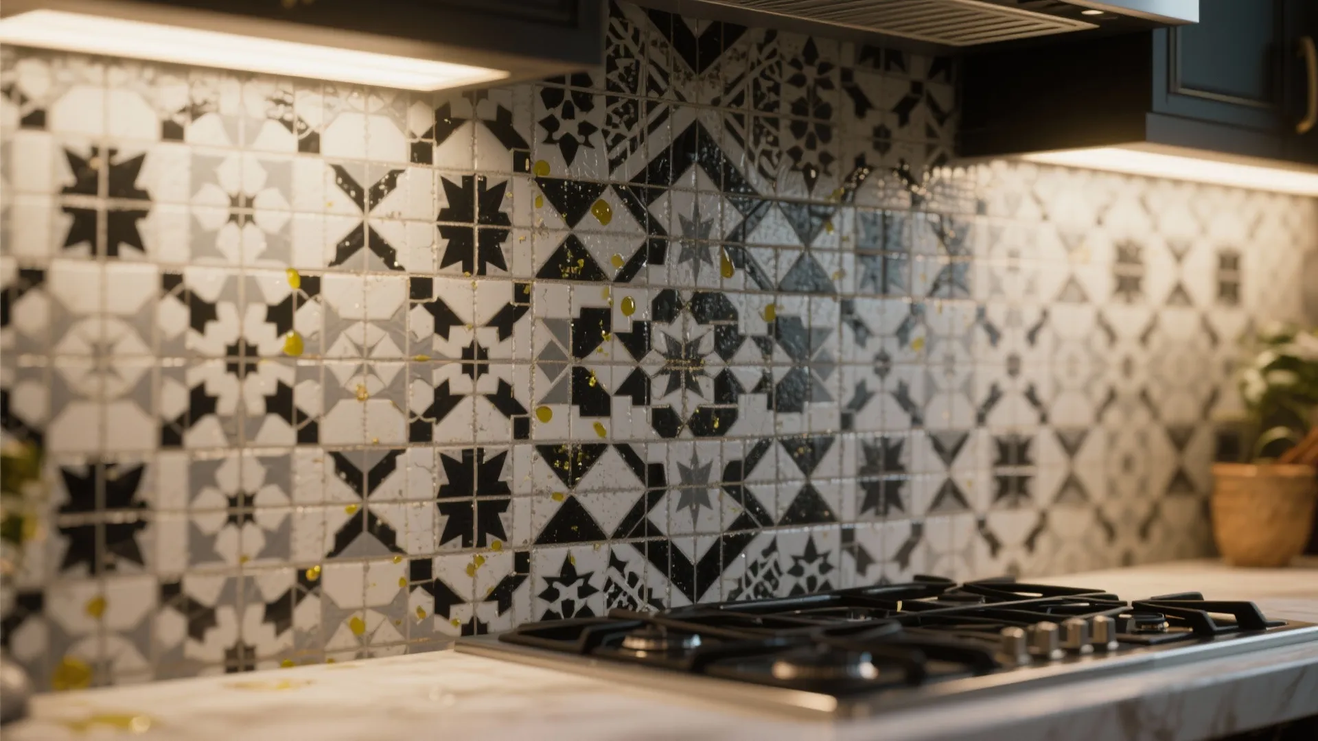 Kitchen wall with black and white patterned tiles behind a gas stove and under cabinets