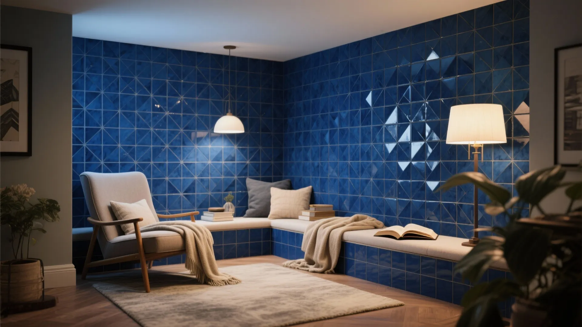 Cozy reading nook with blue geometric wall tiles grey armchair rug and warm floor lamp