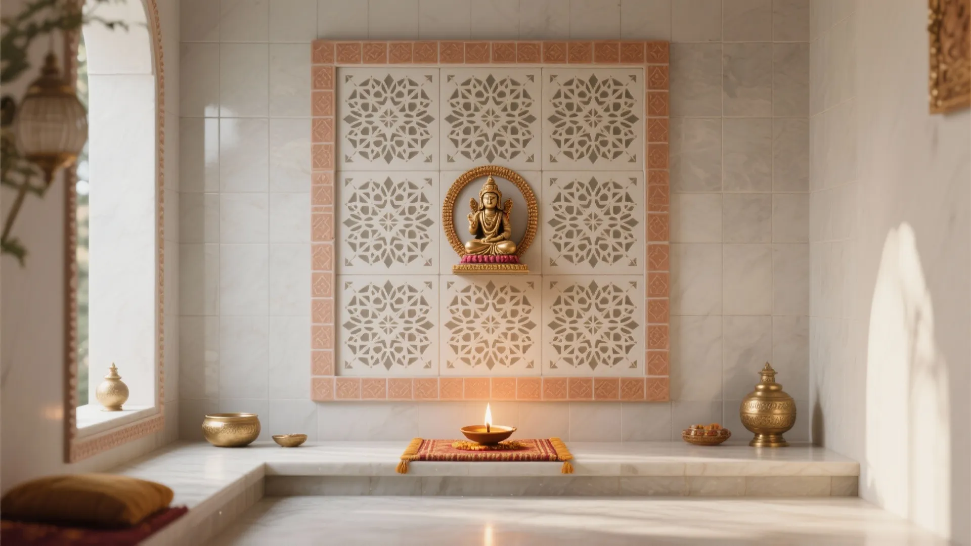 Small pooja corner with a 2x3 patterned tile halo panel framed by plain tiles.