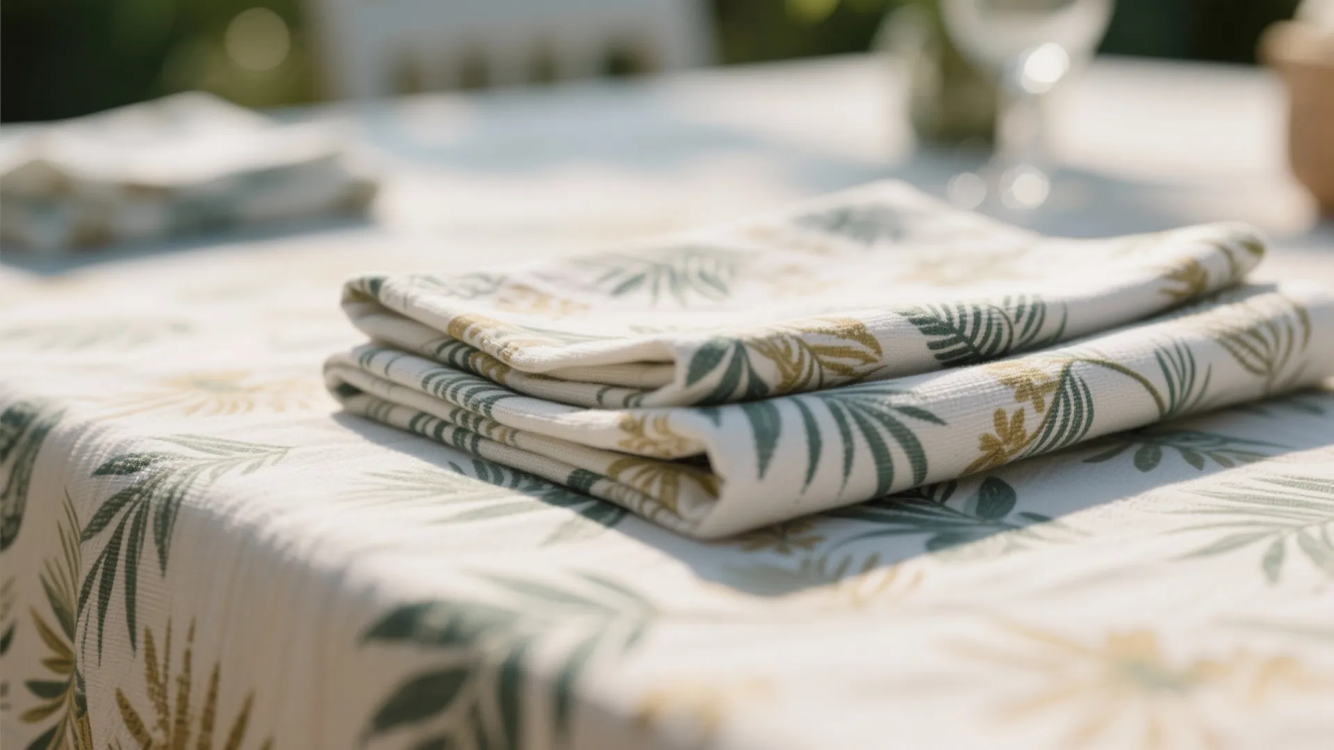 Folded white napkins with green leaf patterns sitting on a matching tablecloth in bright sunlight