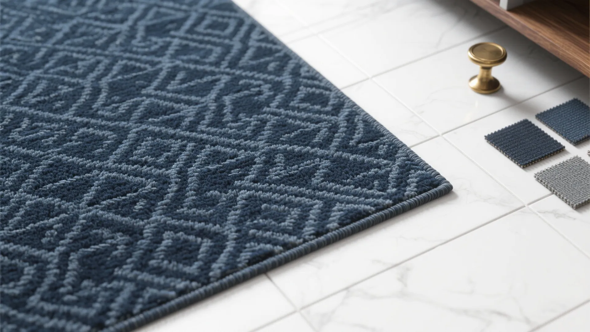 3. Patterned navy rug to add personality