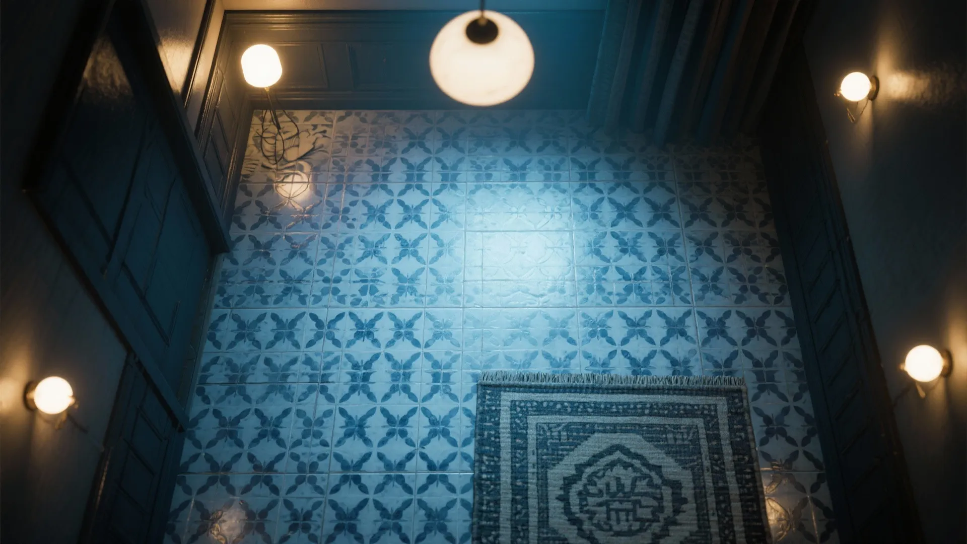 5. Patterned Navy Tiles and Smart Lighting