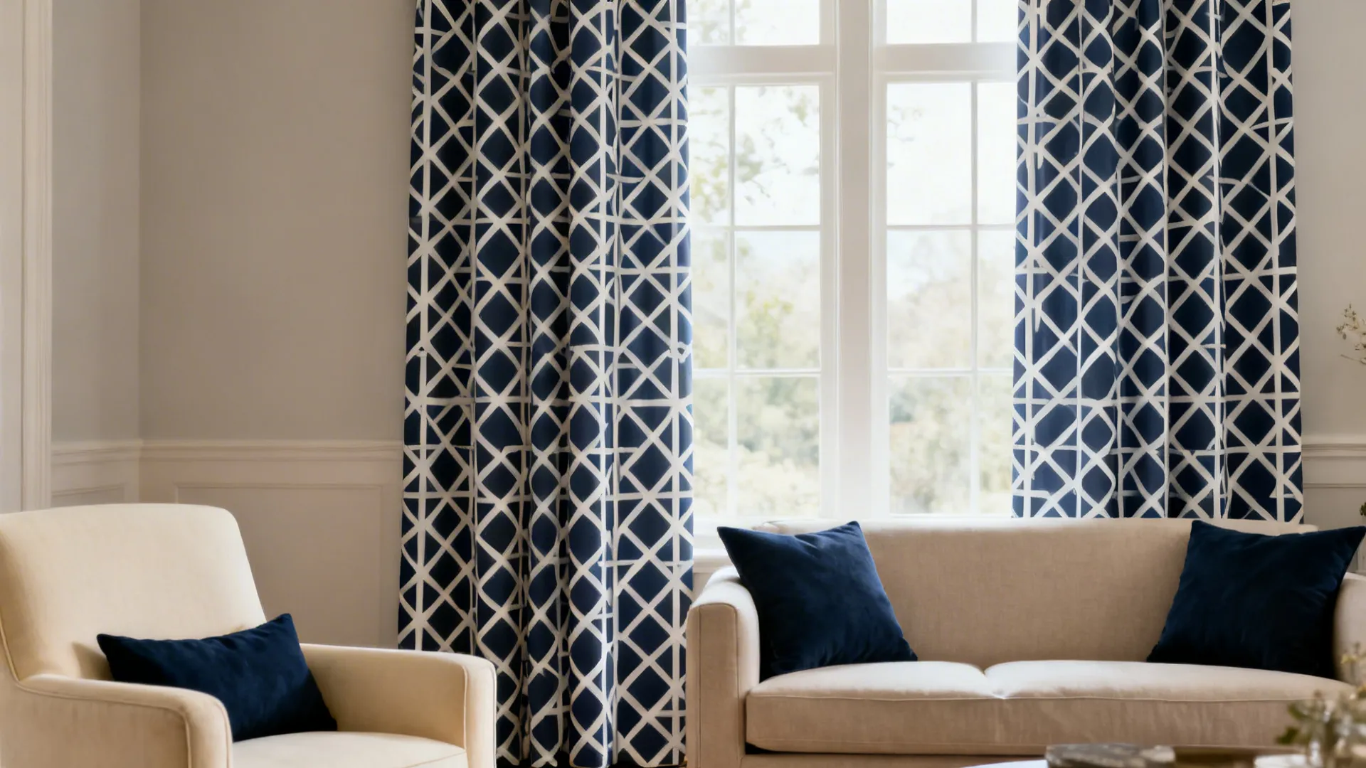 Living room with patterned navy-and-white curtains and matching navy accents
