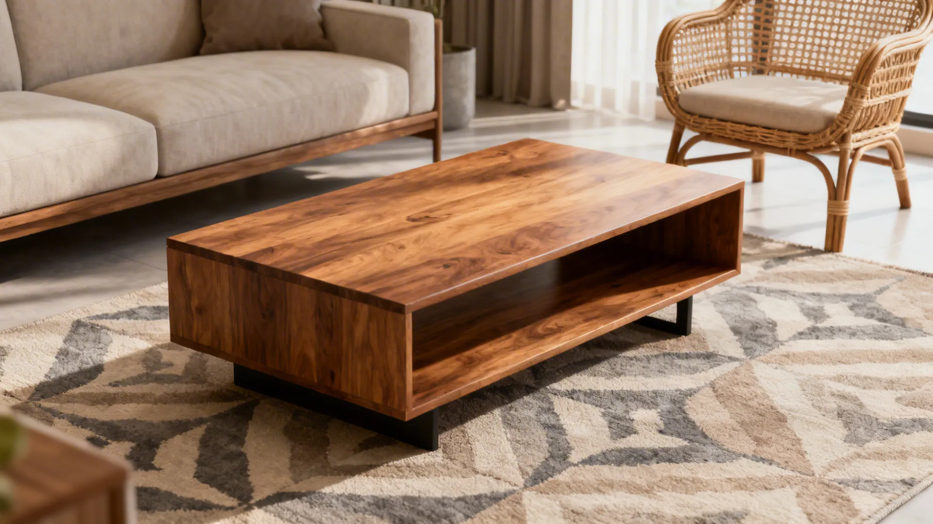 5. Patterned neutrals and warm wood accents