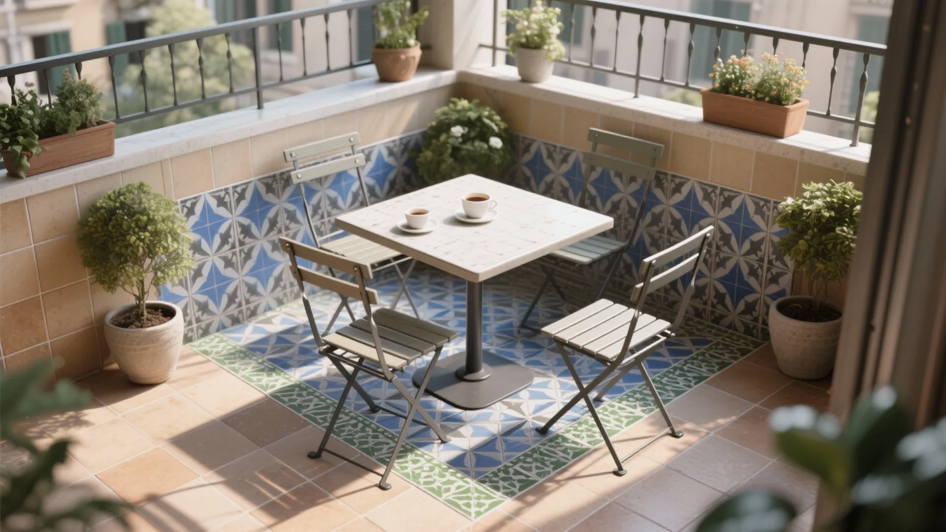 Balcony sitting area with blue patterned floor tiles and white table with four grey chairs