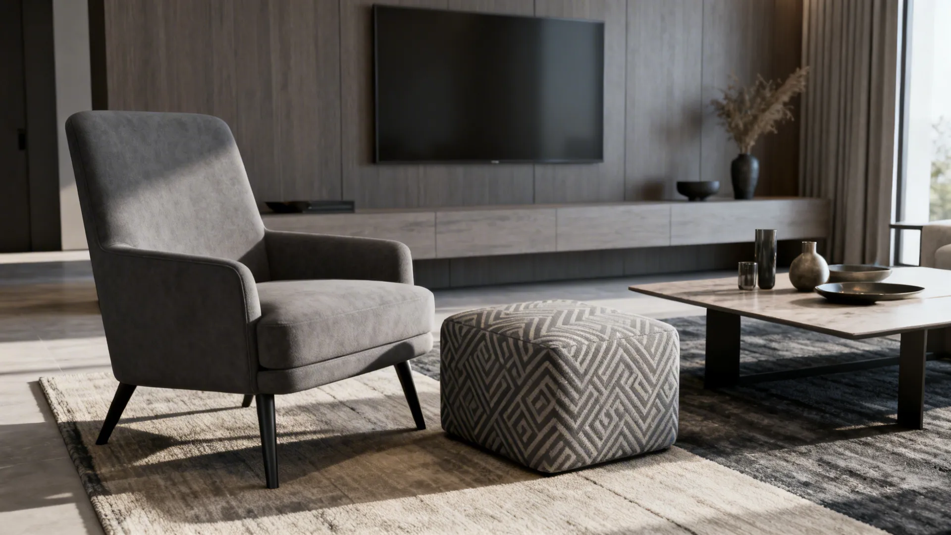 Upholstered gray chair paired with a muted geometric patterned ottoman in a balanced living room vignette.