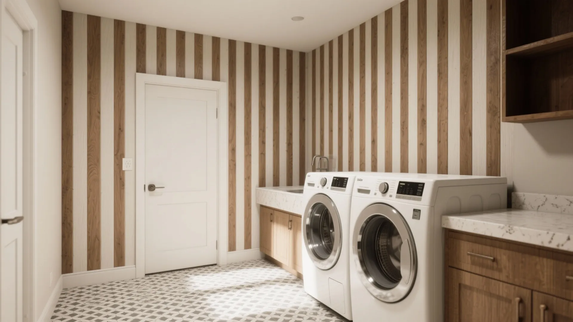 Laundry room featuring striped wood wall panels two white washing machines and a white door