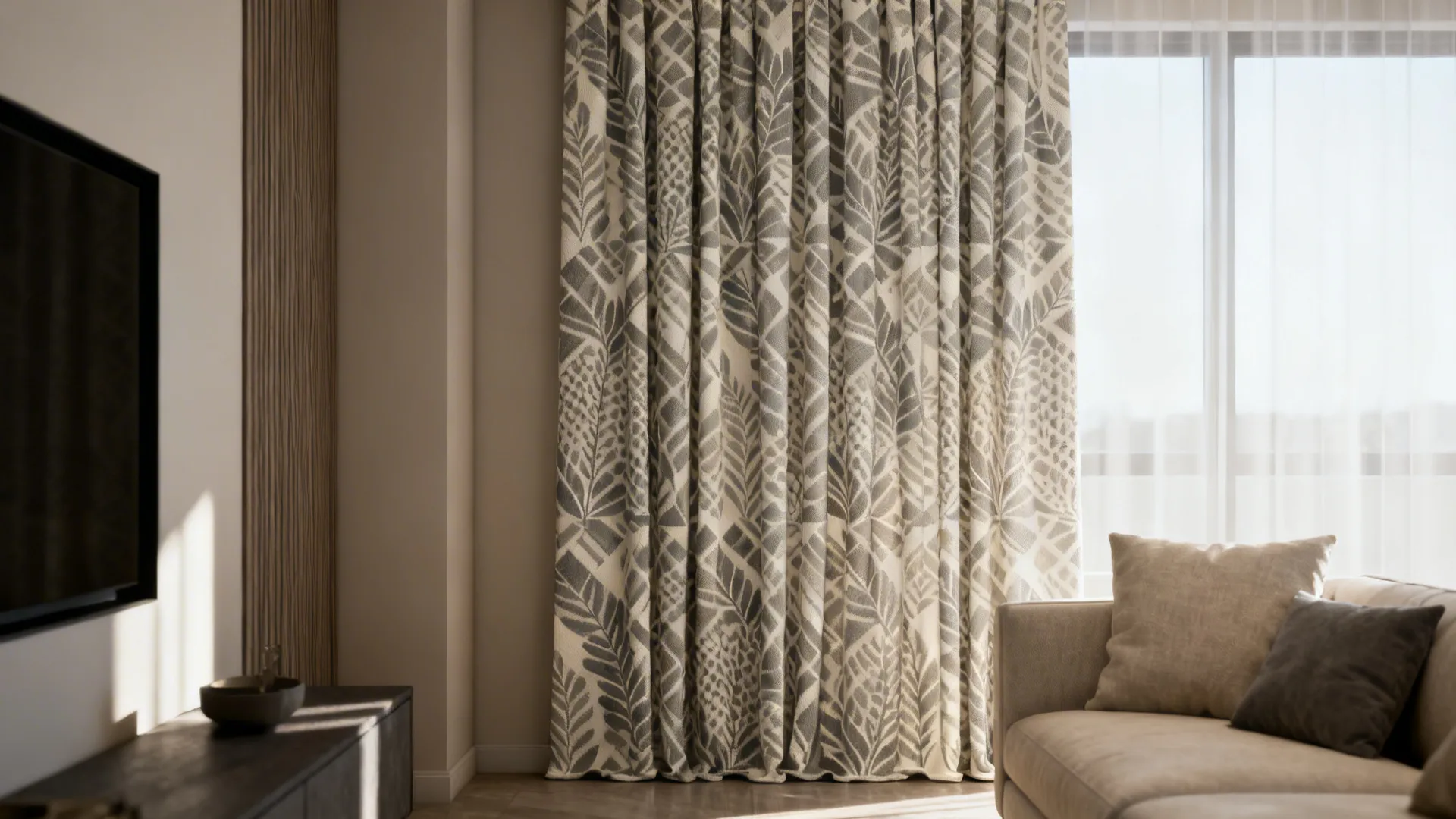 Single patterned curtain panel creating a focal wall and depth in a small living room.