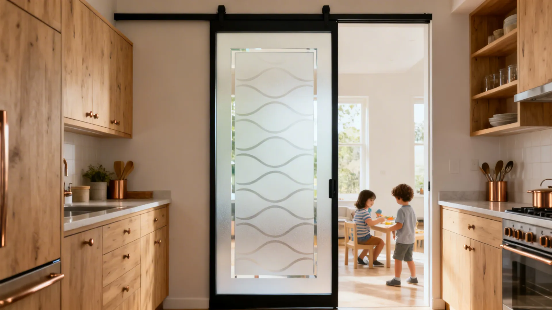 Sliding door with wavy pattern separating a wood kitchen from a room where children play