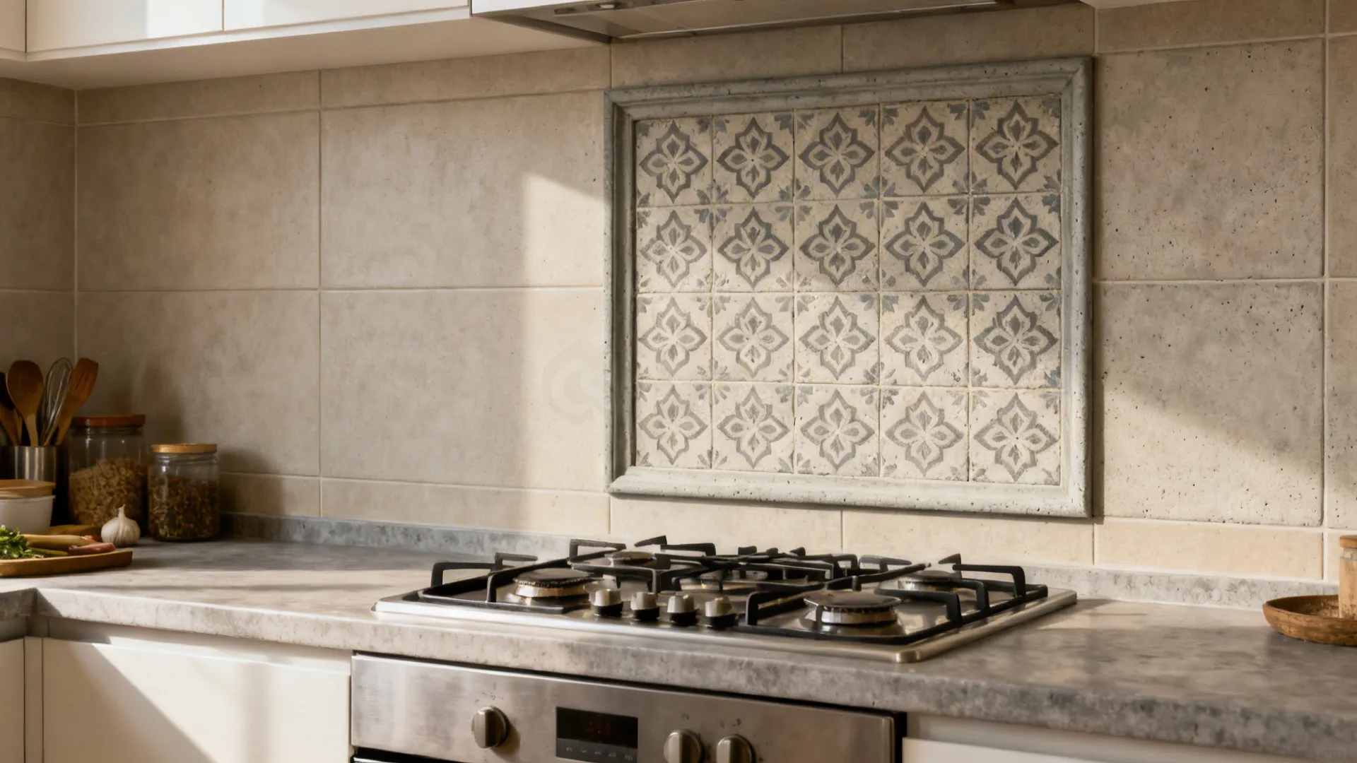 Before and after of a hob wall adding a framed patterned cement-look tile panel for a subtle focal point.