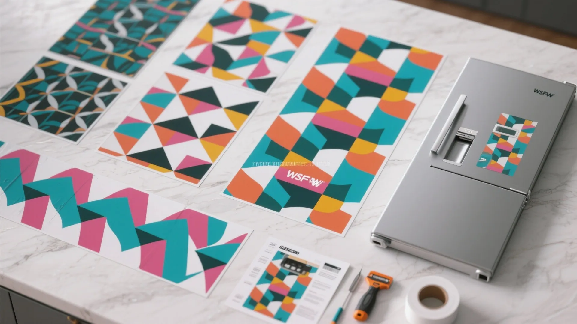 Various colorful geometric pattern sheets on marble table with knife and tape for home decoration