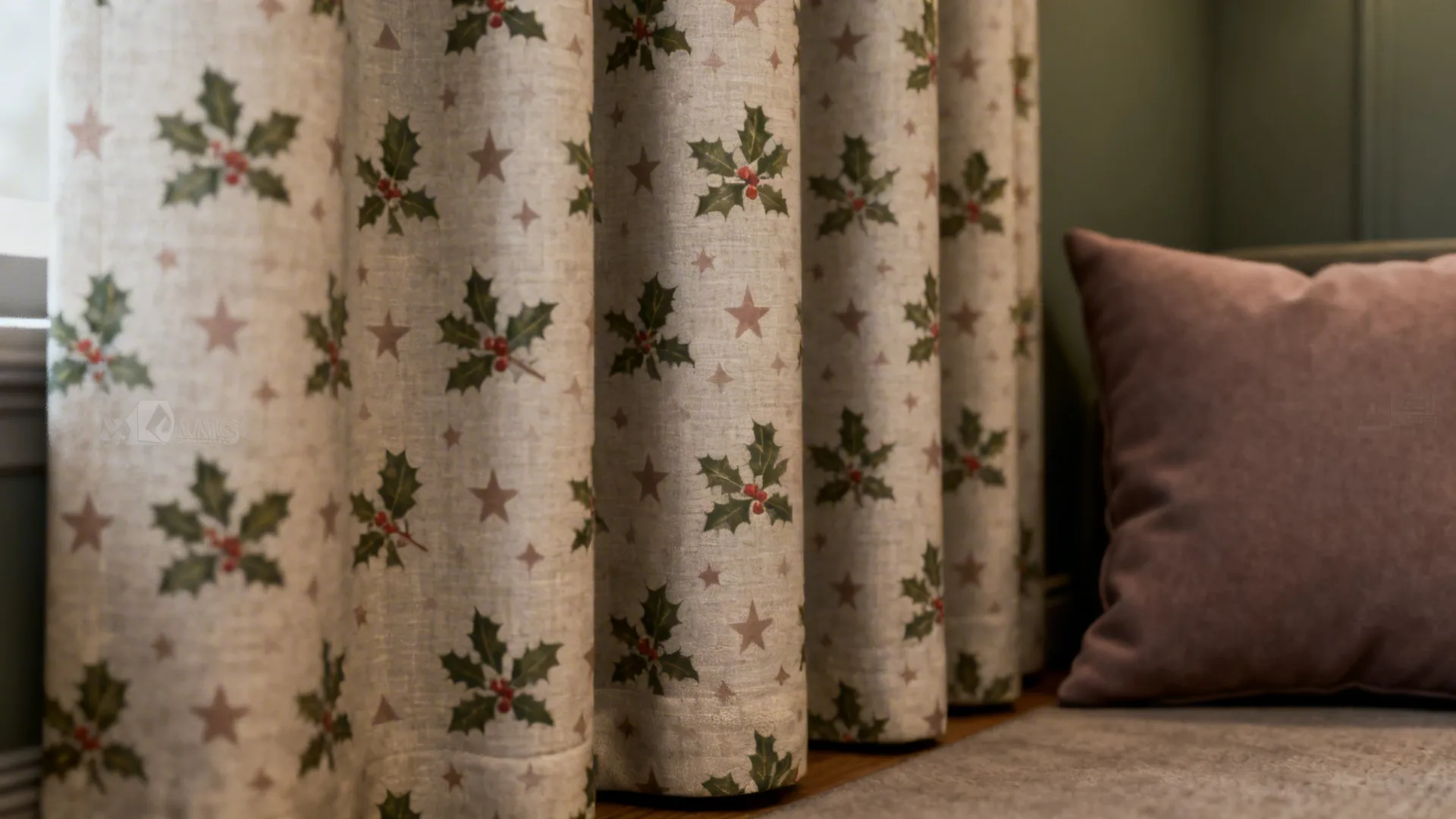 Patterned curtains with green holly leaves and red berries next to a soft pink pillow
