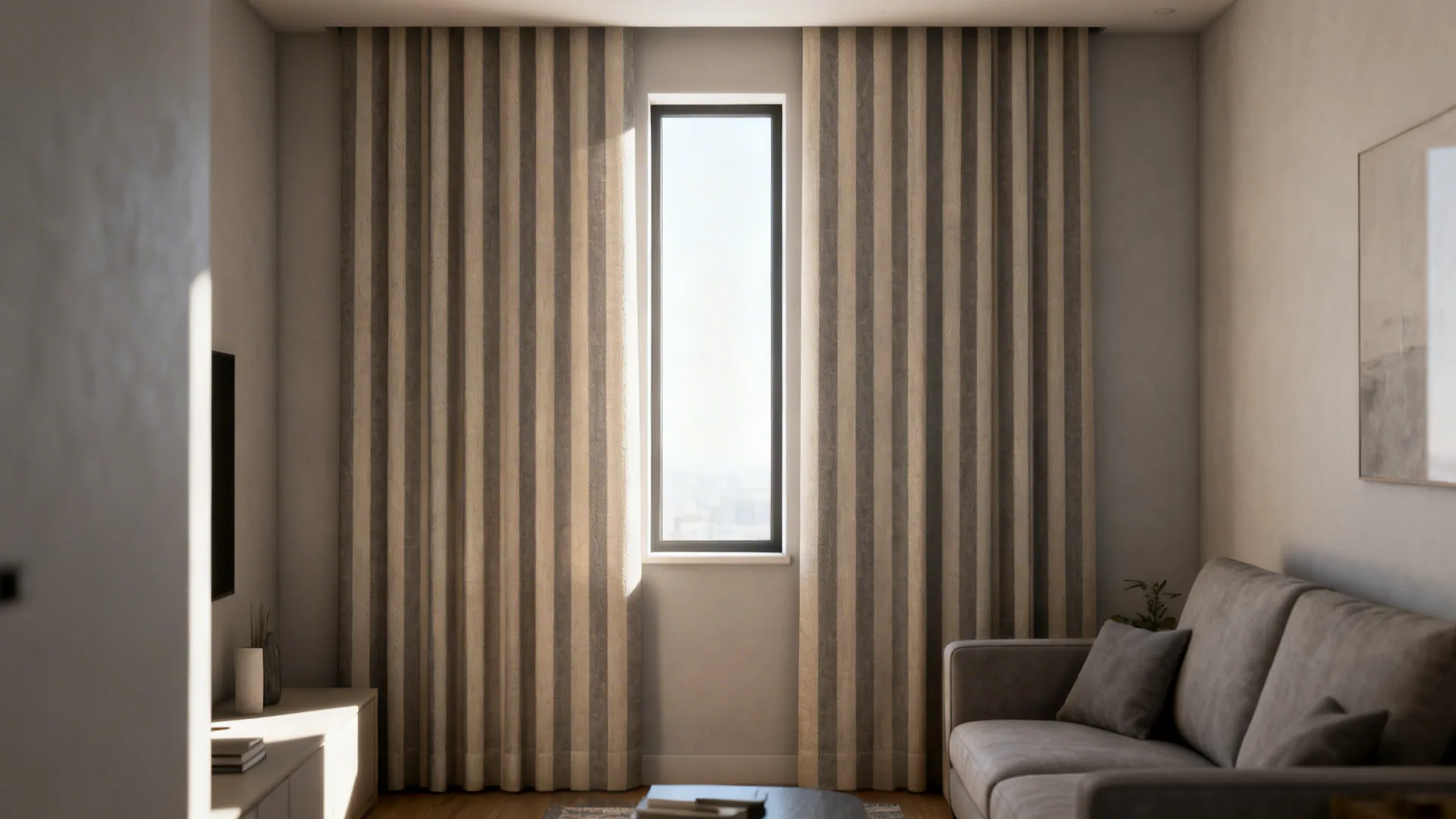 Modern living room with striped curtains framing a tall window next to a grey sofa