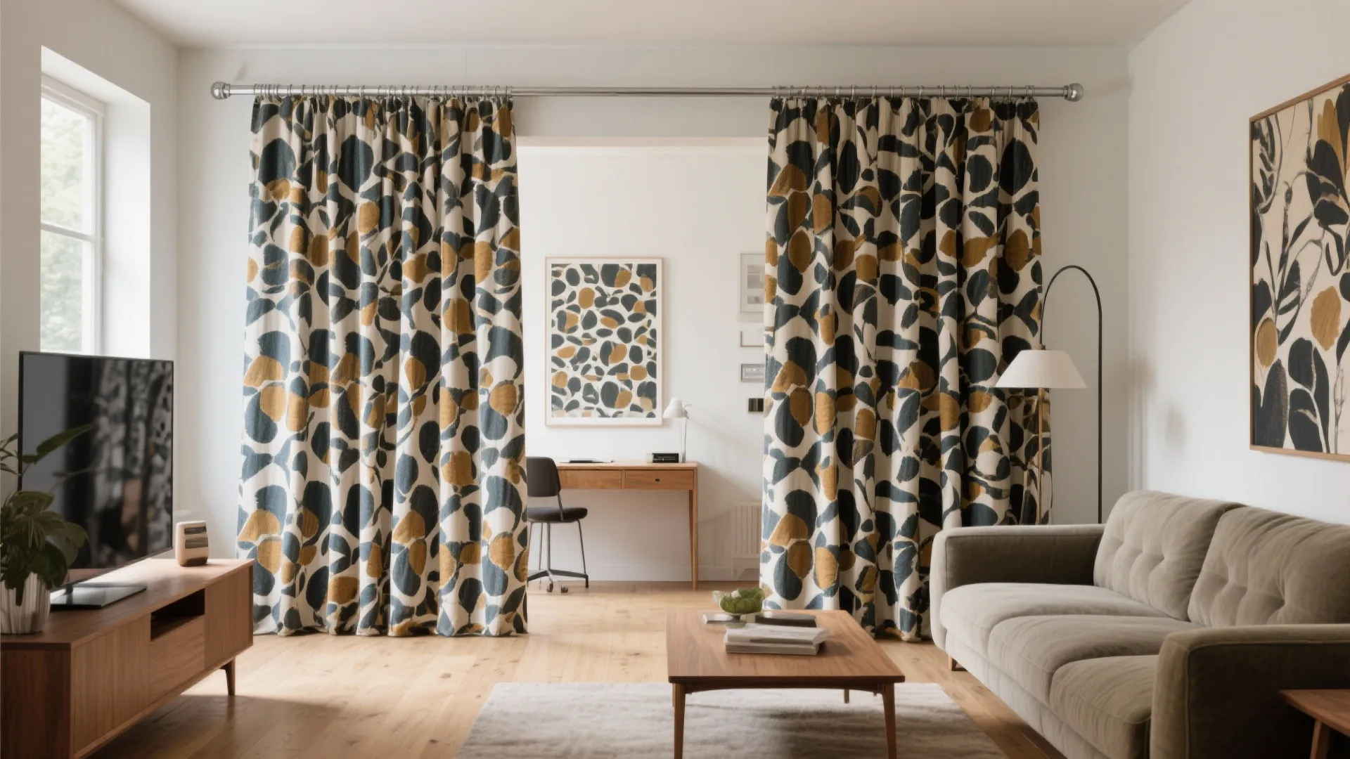 Patterned fabric partition as a focal wall